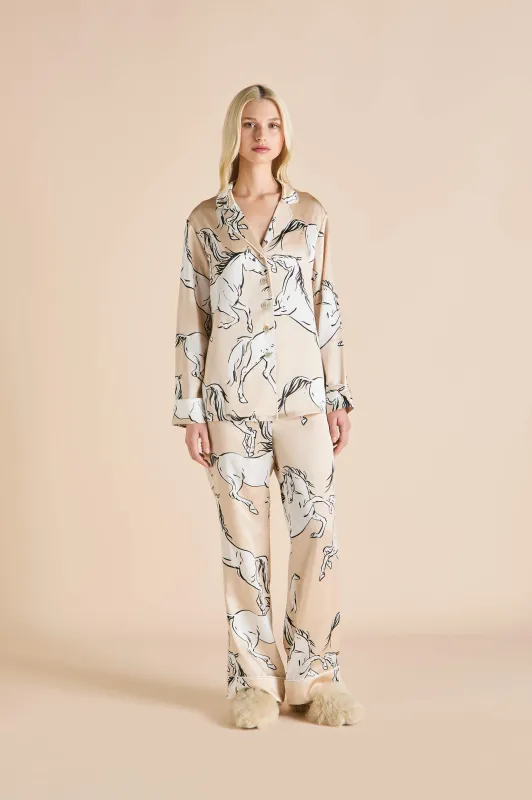 Lila Clementine Caramel Horse Pajamas in Silk Satin sold by Olivia von Halle