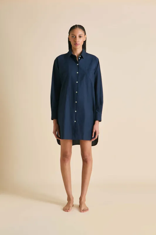Celeste Navy Nightshirt in Cotton-Silk sold by Olivia von Halle