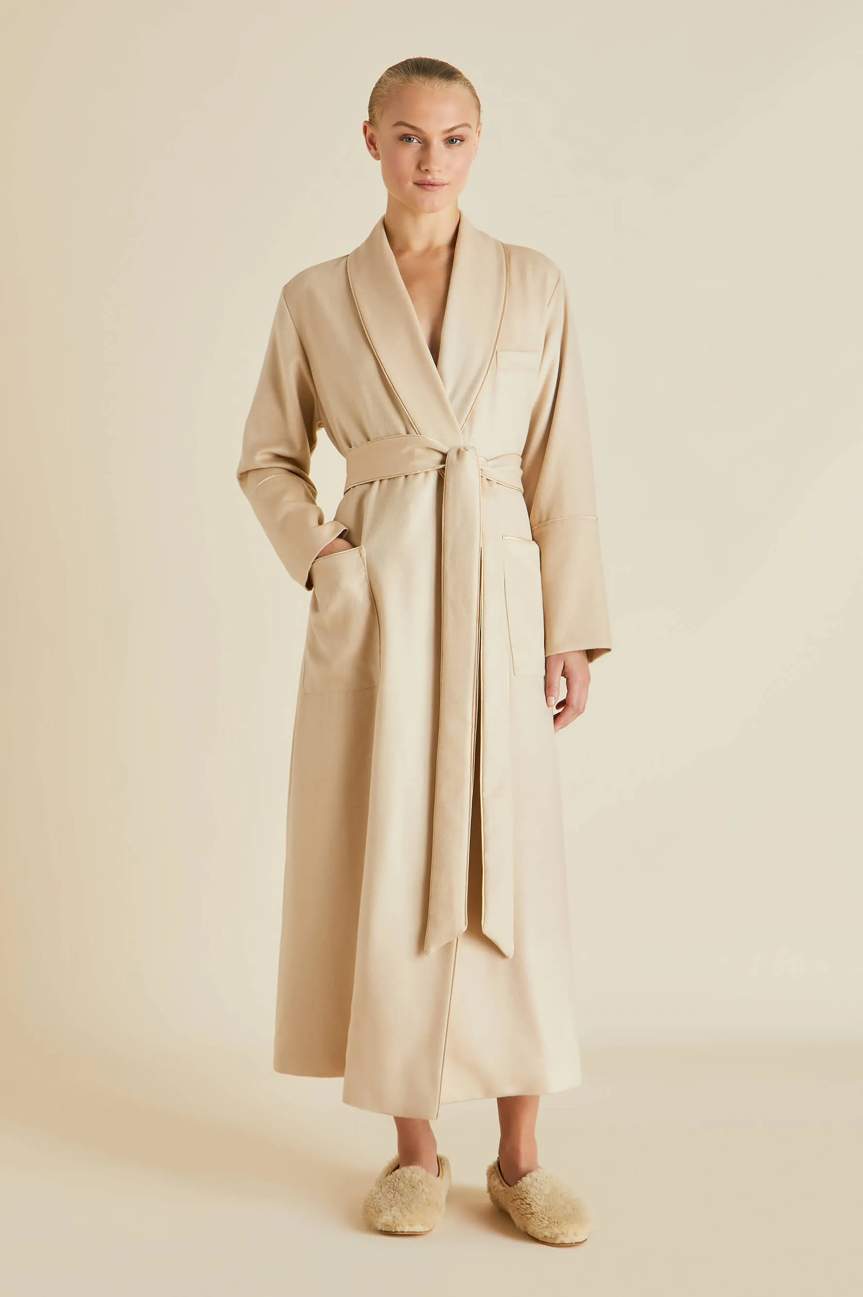 Logan Muscat Beige Robe in Cashmere sold by Olivia von Halle product image thumbnail 5
