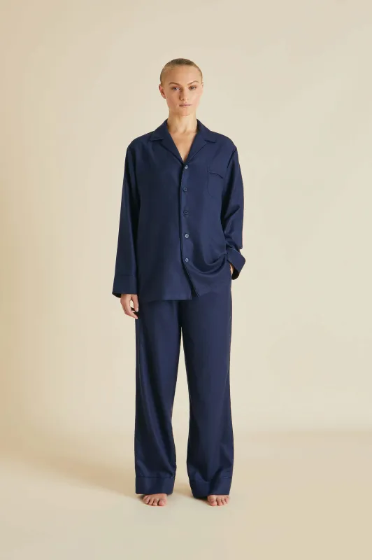 Vanderbilt Osaka Navy Pajamas in Cashmere sold by Olivia von Halle