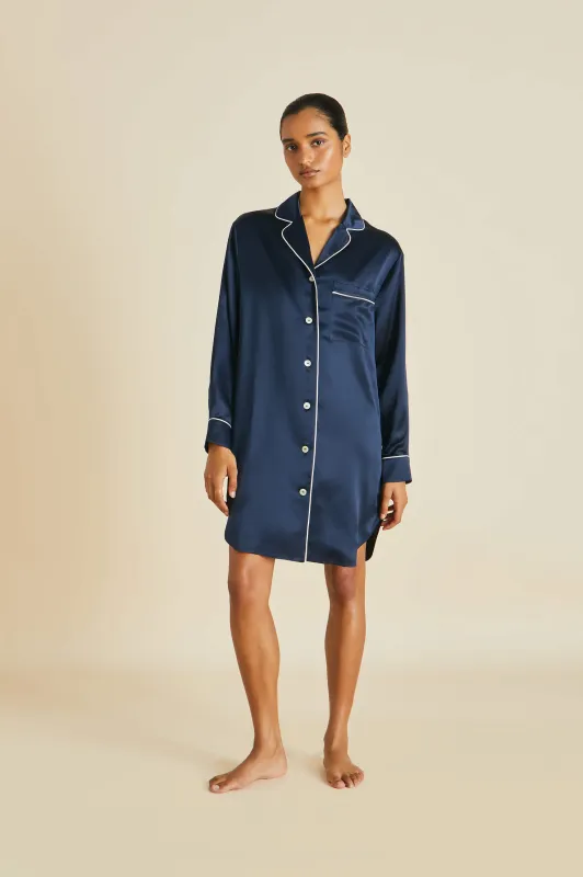 Poppy Navy Nightshirt in Silk Satin made by Olivia von Halle
