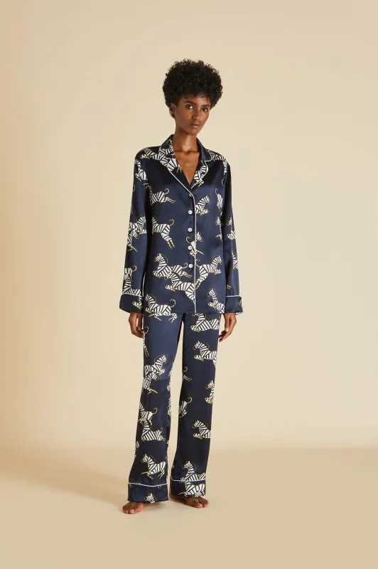 Lila Zizi Navy Pajamas in Silk Satin sold by Olivia von Halle