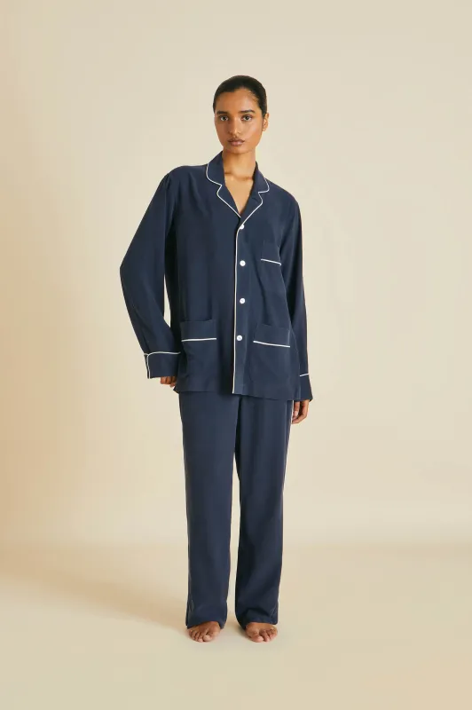 Laurent Navy Pajamas in Sandwashed Silk sold by Olivia von Halle