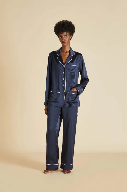 Coco Navy Pajamas in Silk Satin made by Olivia von Halle