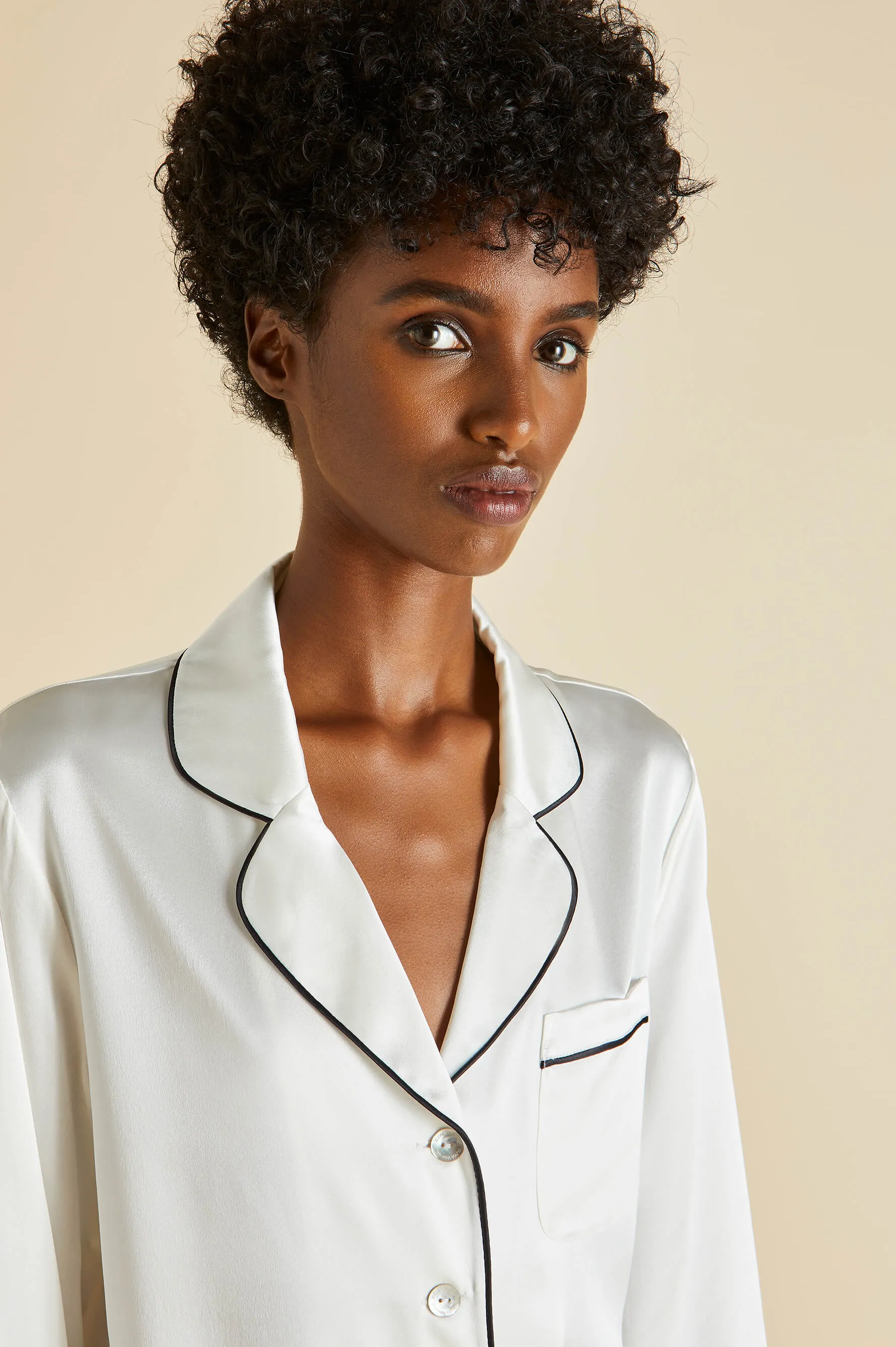 Coco Ivory Jet Black Pajamas in Silk Satin sold by Olivia von Halle product image thumbnail 4