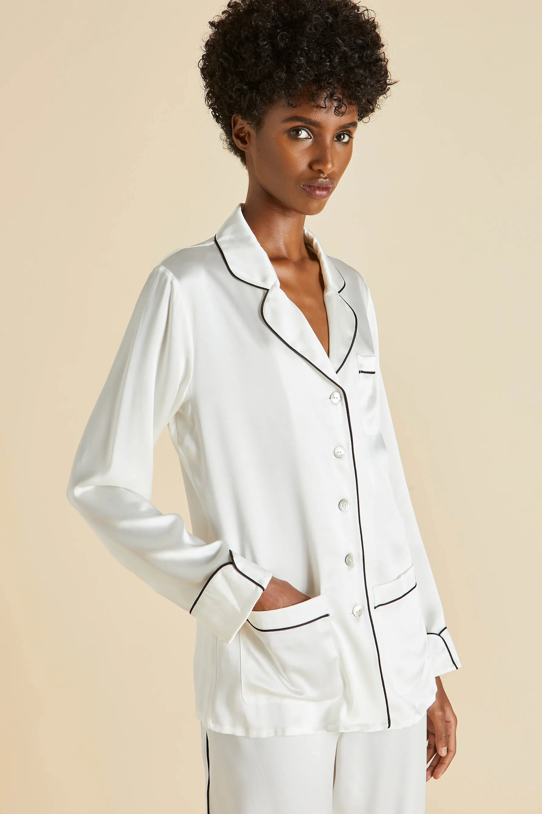 Coco Ivory Jet Black Pajamas in Silk Satin sold by Olivia von Halle product image thumbnail 3