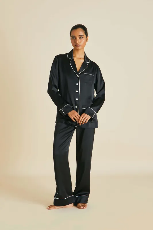 Coco Jet Black Pajamas in Silk Satin sold by Olivia von Halle