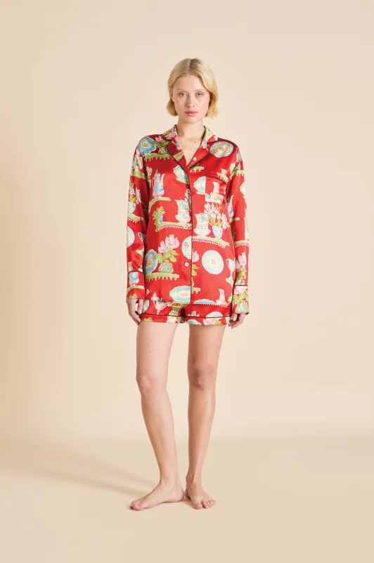 Alba Renata Red Plate Pajamas in Silk Satin made by Olivia von Halle