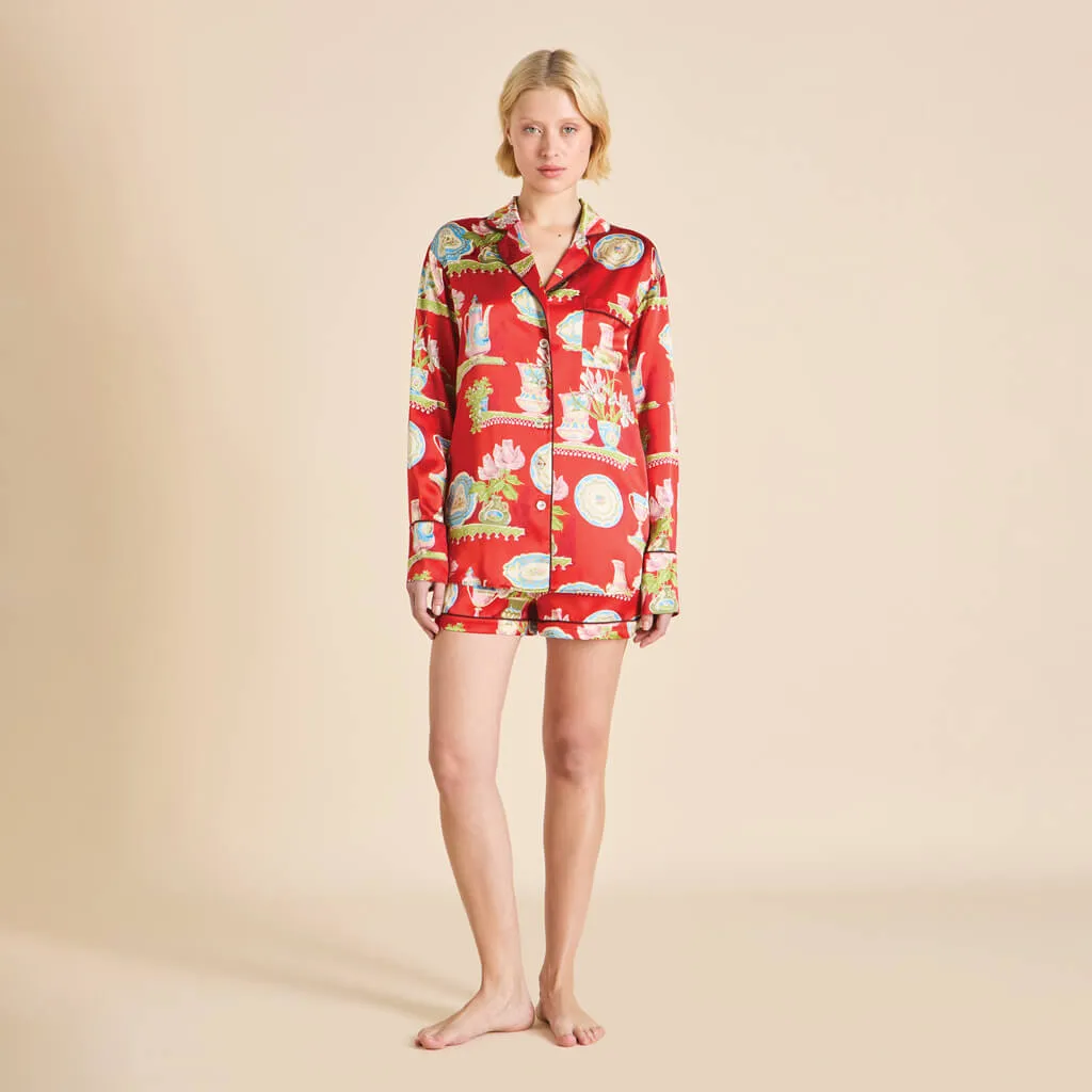 Alba Renata Red Plate Pajamas in Silk Satin sold by Olivia von Halle product image thumbnail 2