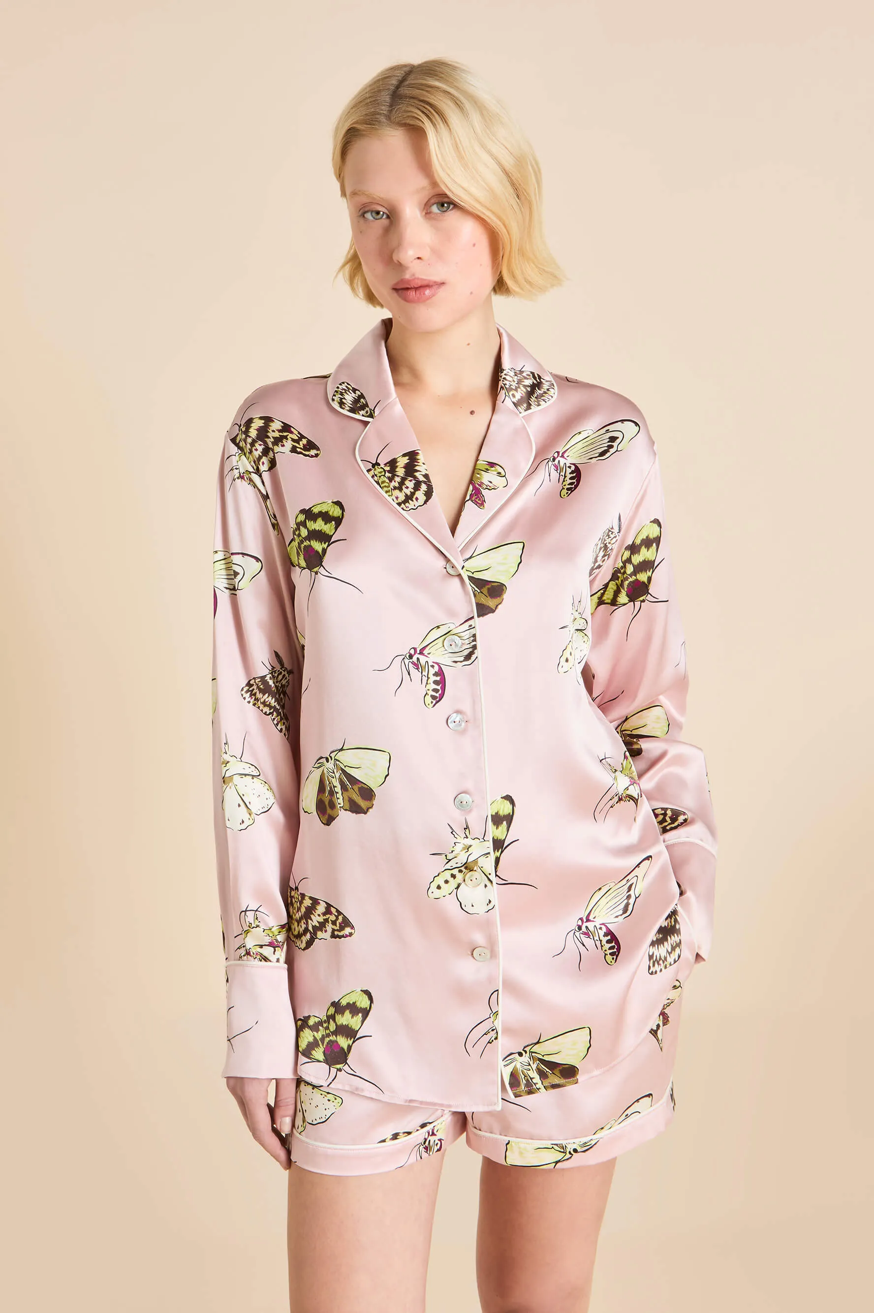 Alba Elda Pink Moth Pajamas in Silk Satin sold by Olivia von Halle product image thumbnail 3