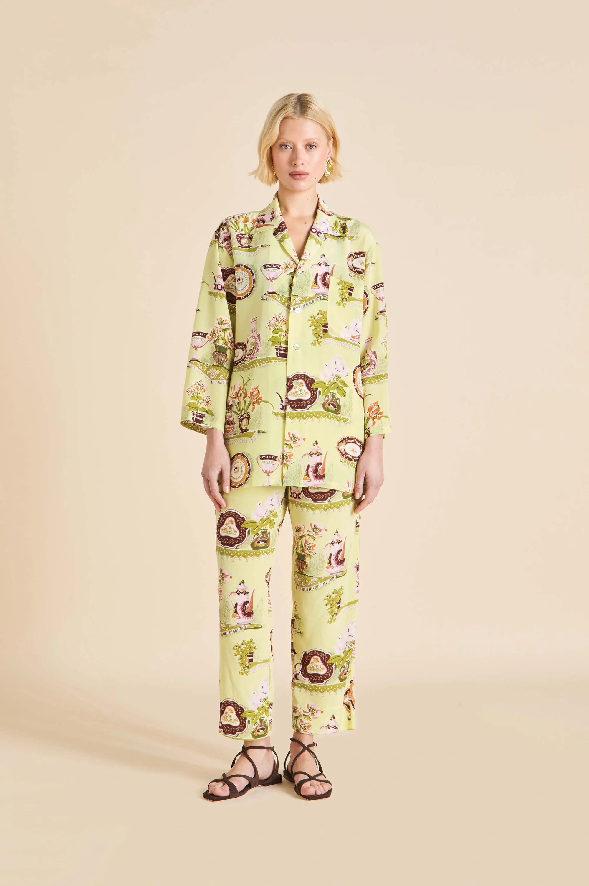 Casablanca Aulenti Green Plate Pajamas in Silk Crêpe de Chine sold by Olivia von Halle