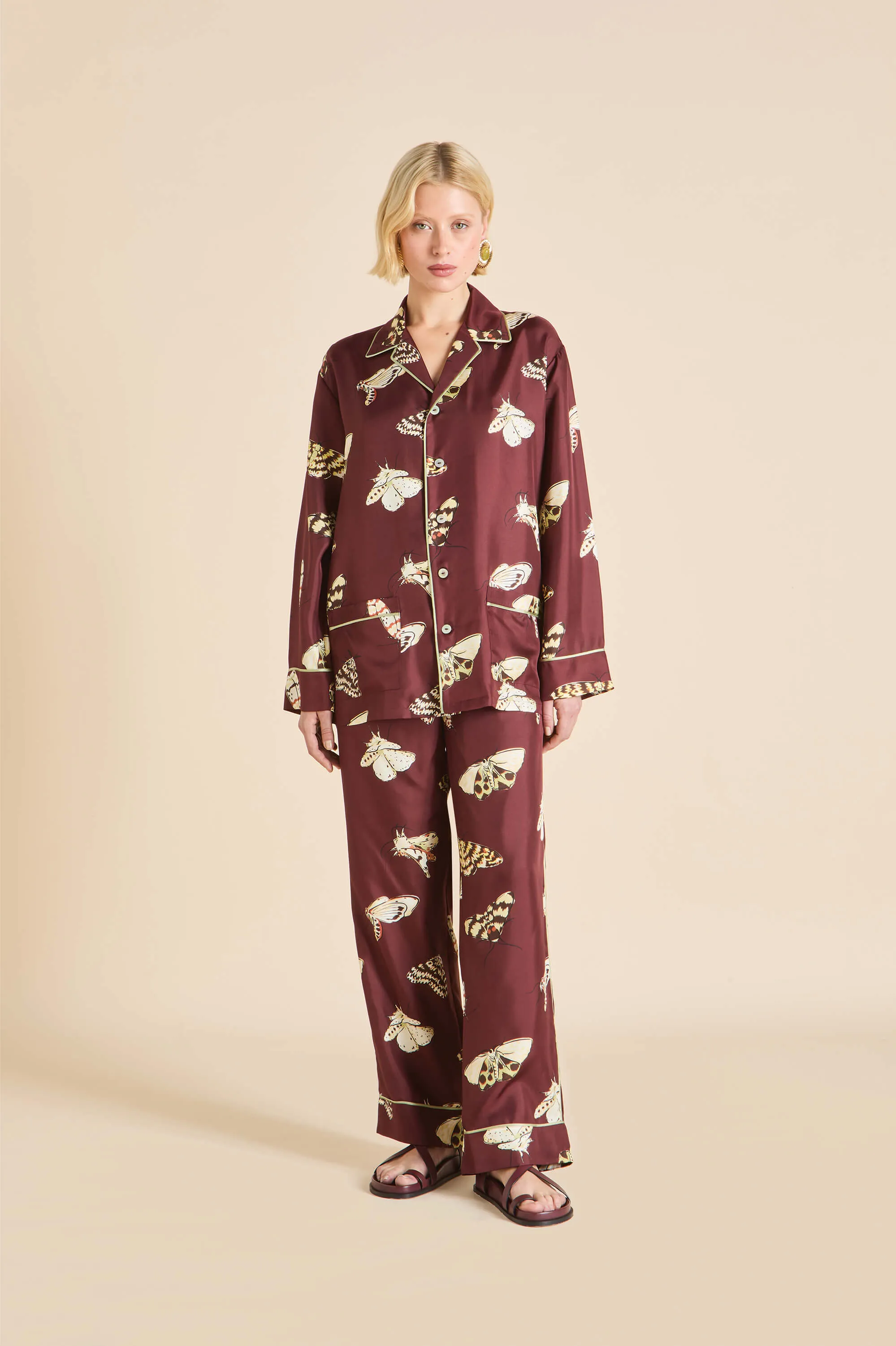 Yves Ettore Brown Moth Pajamas in Silk Twill sold by Olivia von Halle