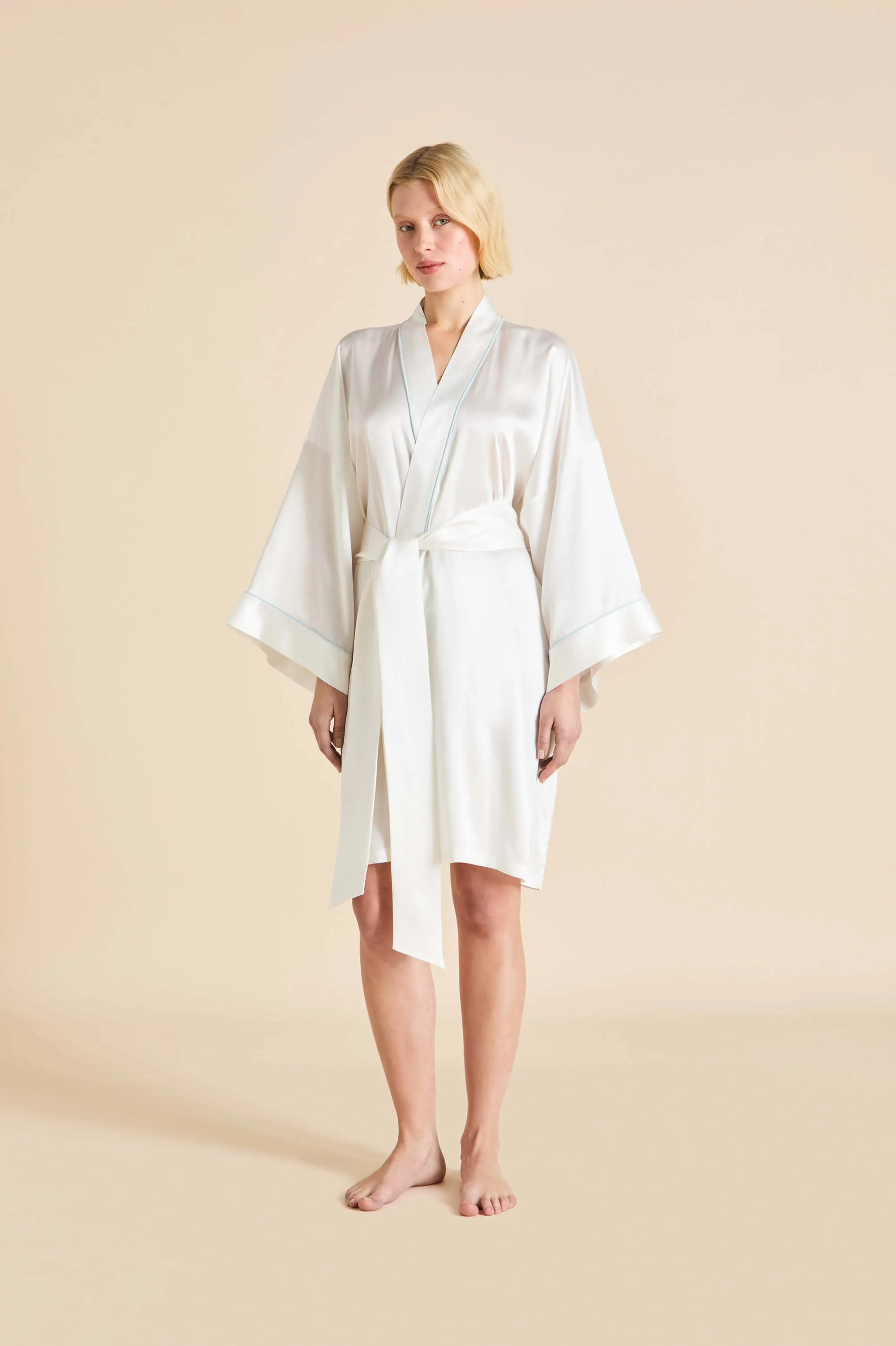 Mimi Ivory Powder Blue Robe in Silk Satin sold by Olivia von Halle