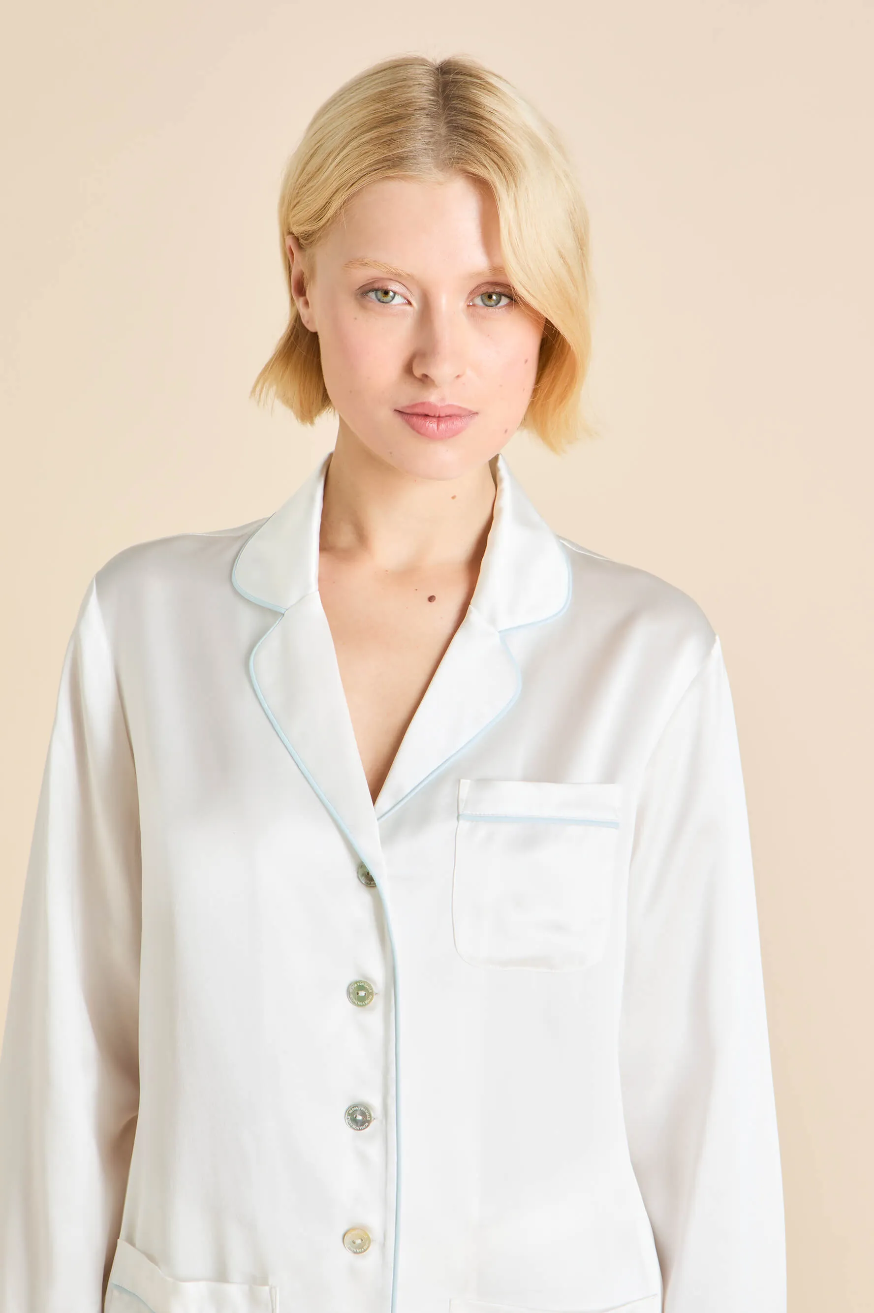Coco Ivory Powder Blue Pajamas in Silk Satin sold by Olivia von Halle product image thumbnail 3
