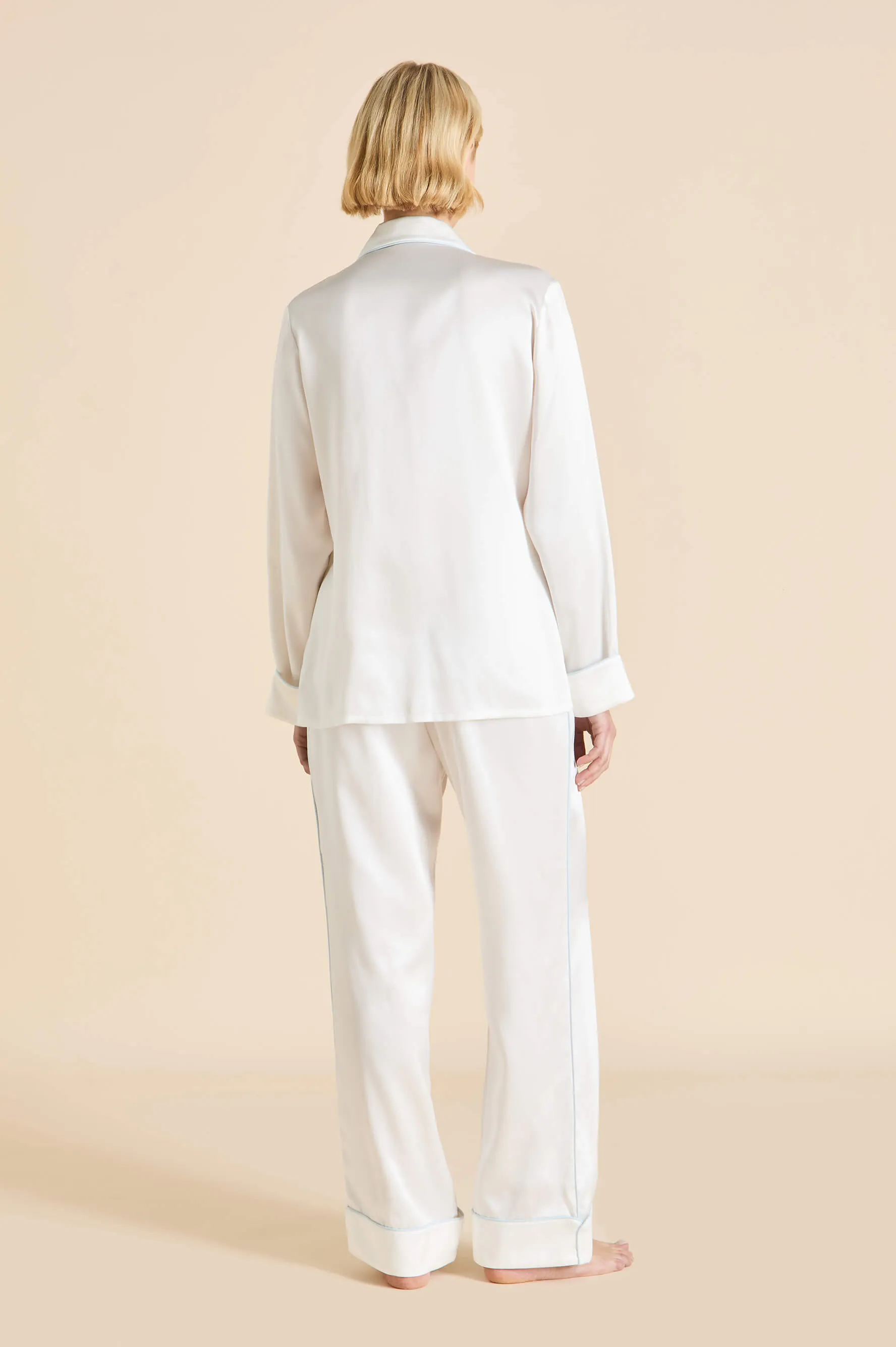 Coco Ivory Powder Blue Pajamas in Silk Satin sold by Olivia von Halle product image thumbnail 4