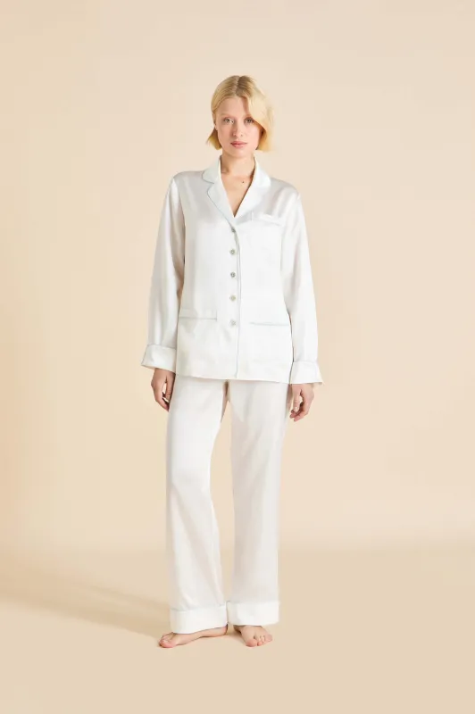 Coco Ivory Powder Blue Pajamas in Silk Satin made by Olivia von Halle