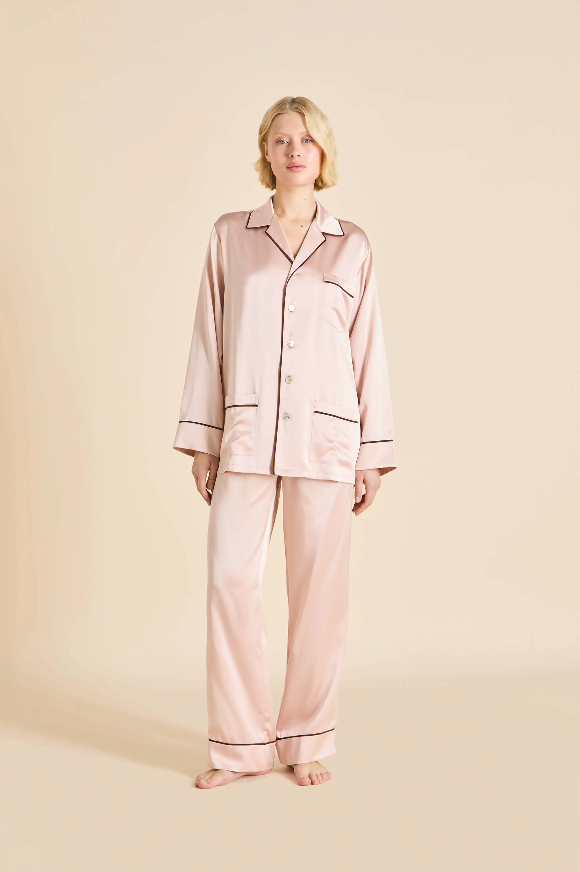 Yves Rose Pink Pajamas in Silk Satin sold by Olivia von Halle