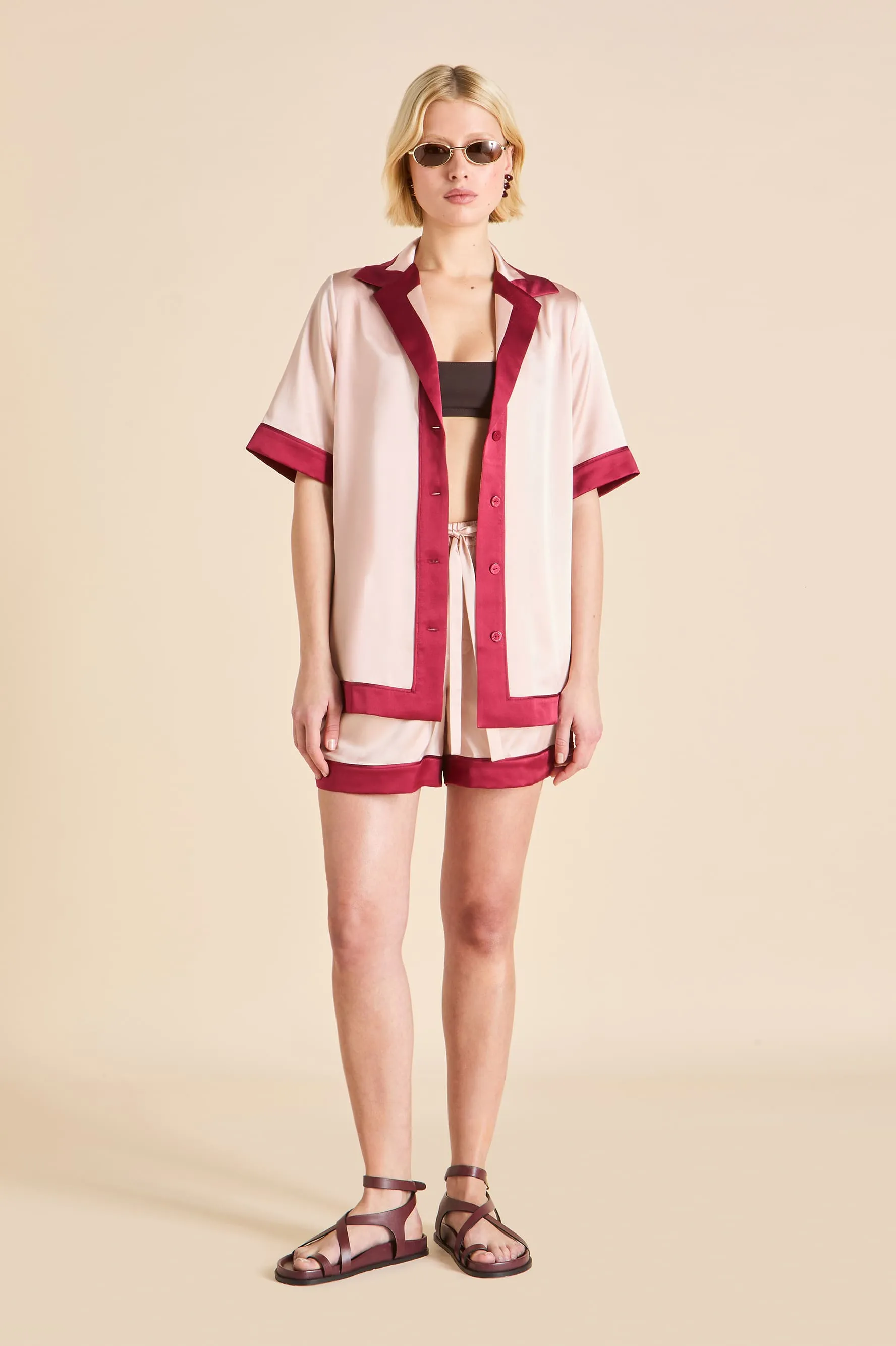 Zelda Rose Pink Pajamas in Silk Satin sold by Olivia von Halle product image thumbnail 4