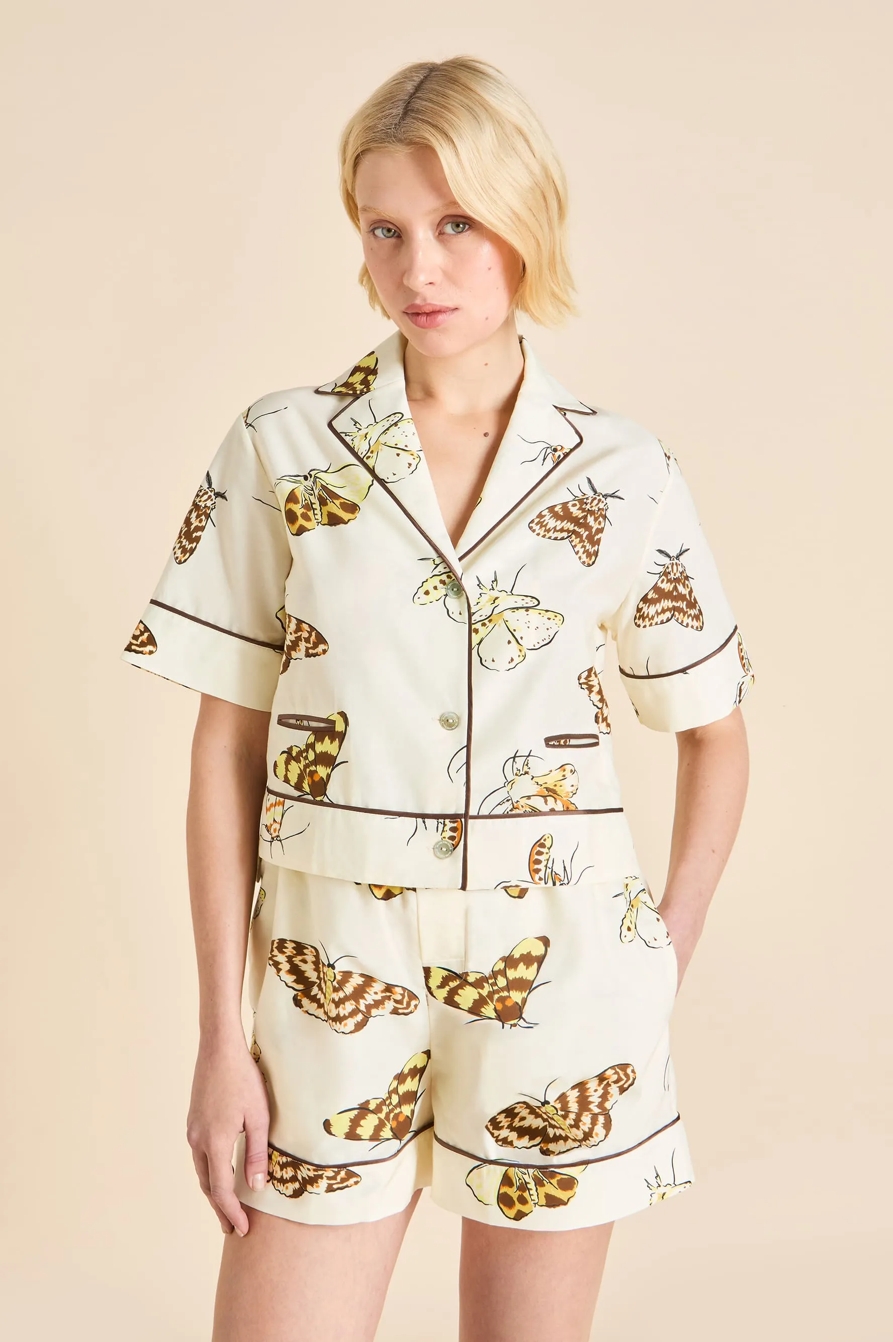 Arletty Opaline Cream Moth Pajamas in Cotton-Silk sold by Olivia von Halle product image thumbnail 3