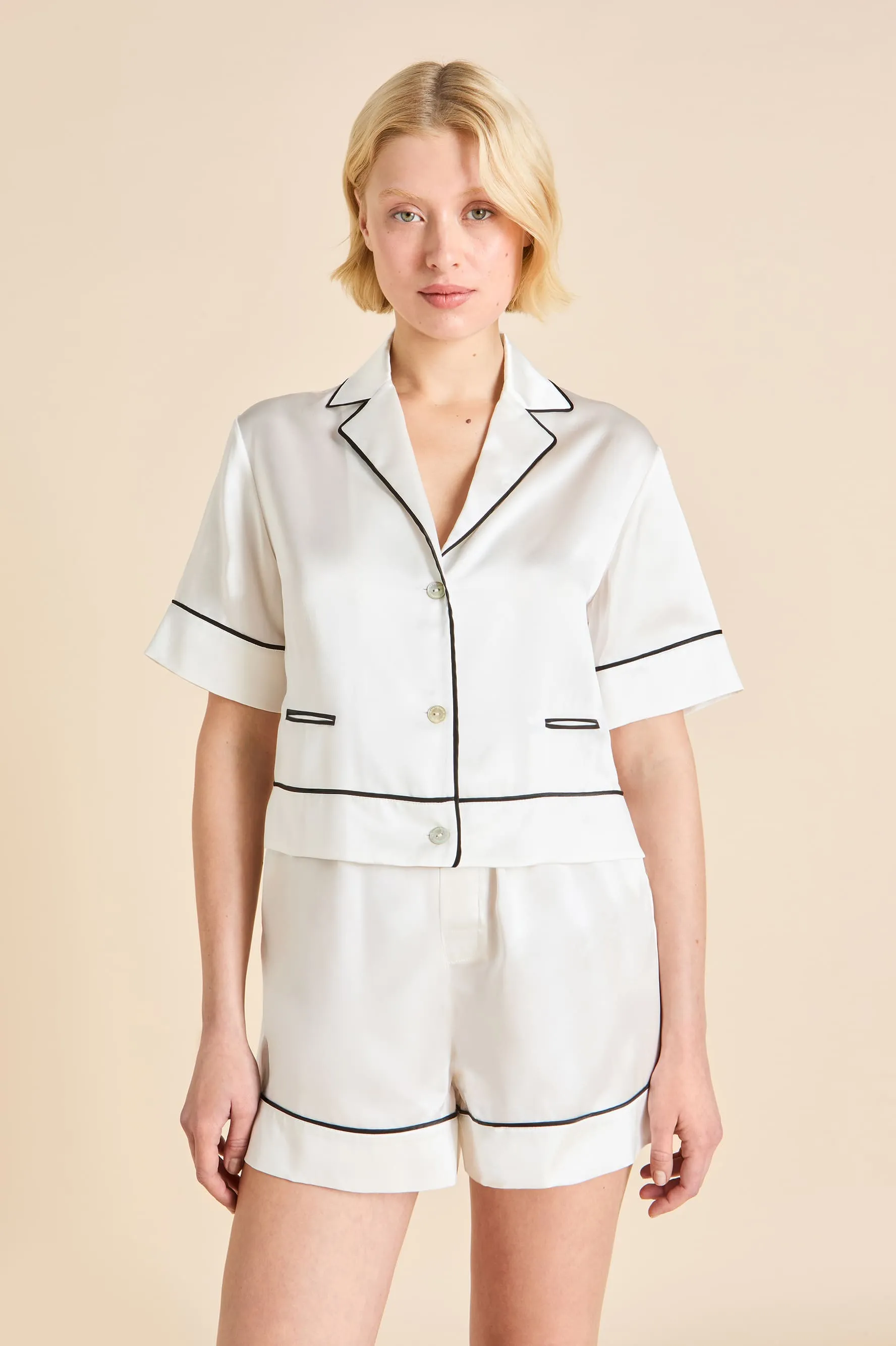 Arletty Ivory Pajamas in Silk Satin sold by Olivia von Halle product image thumbnail 3