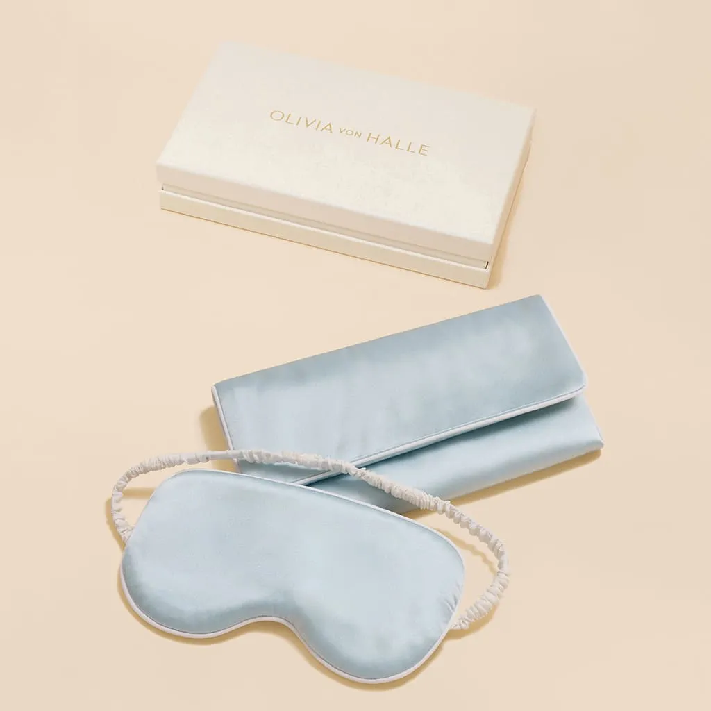 Audrey Powder Blue Ivory Eye Mask in Silk Satin sold by Olivia von Halle product image thumbnail 2