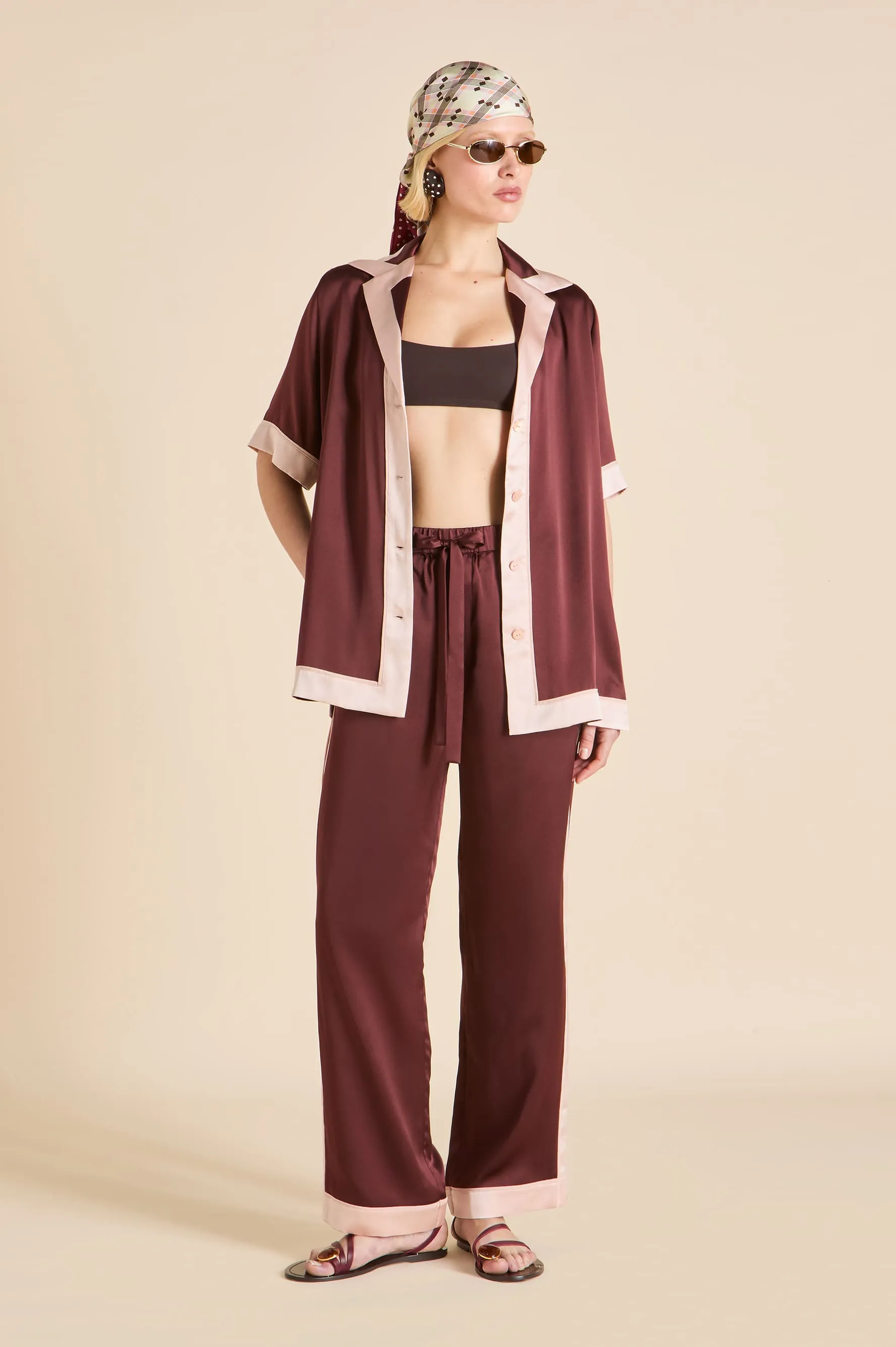 Tilda Bordeaux Burgundy Pajamas in Silk Satin sold by Olivia von Halle product image thumbnail 4