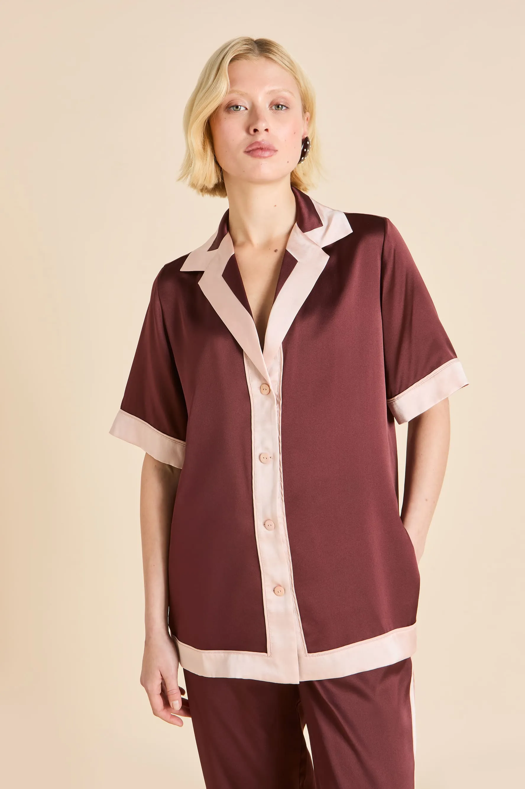 Tilda Bordeaux Burgundy Pajamas in Silk Satin sold by Olivia von Halle product image thumbnail 3