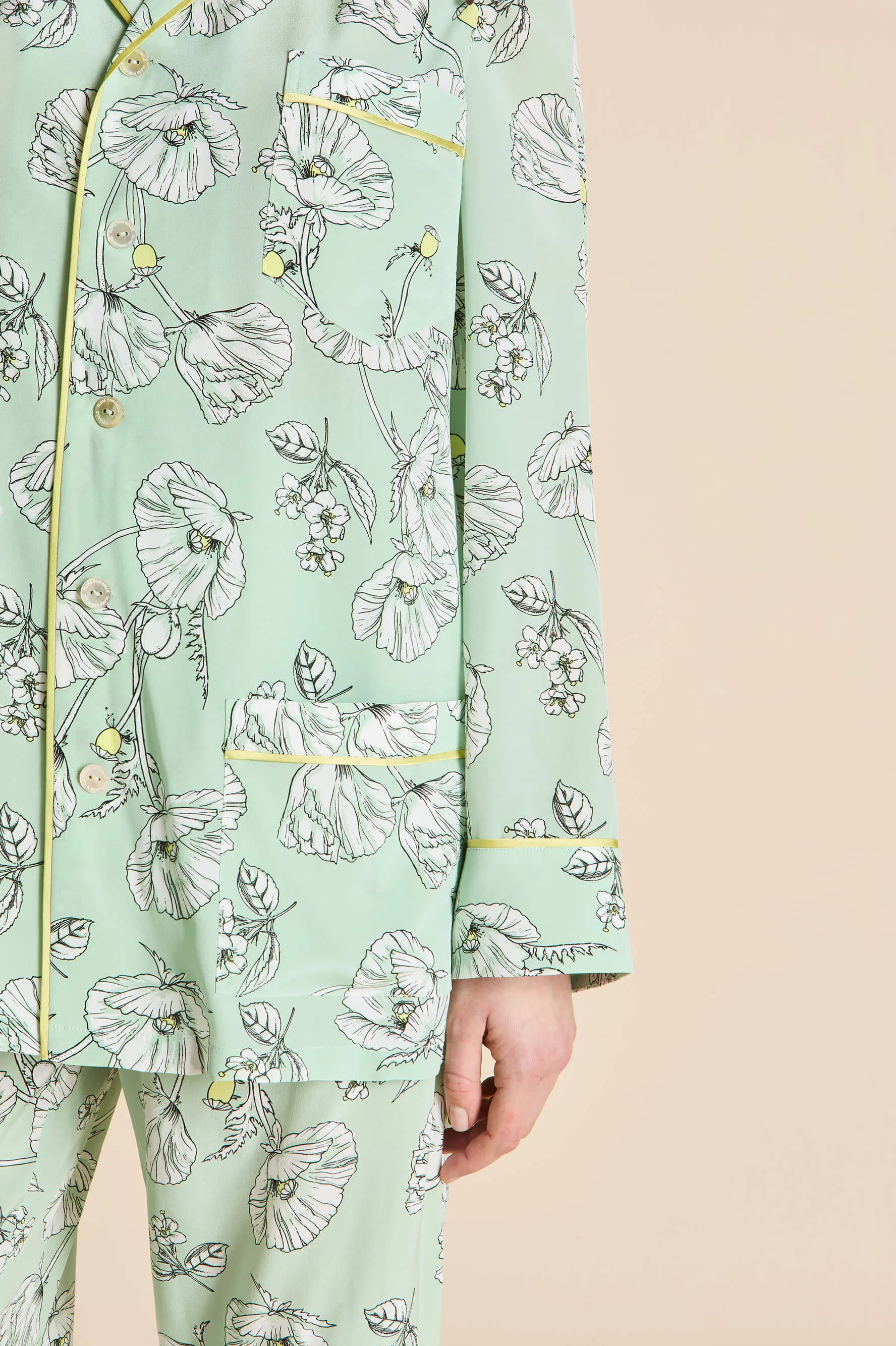 Yves Delfina Green Floral Pajamas in Silk Crêpe de Chine sold by Olivia von Halle product image thumbnail 4