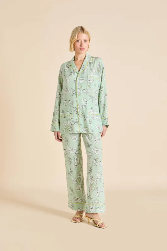 Yves Delfina Green Floral Pajamas in Silk Crêpe de Chine sold by Olivia von Halle