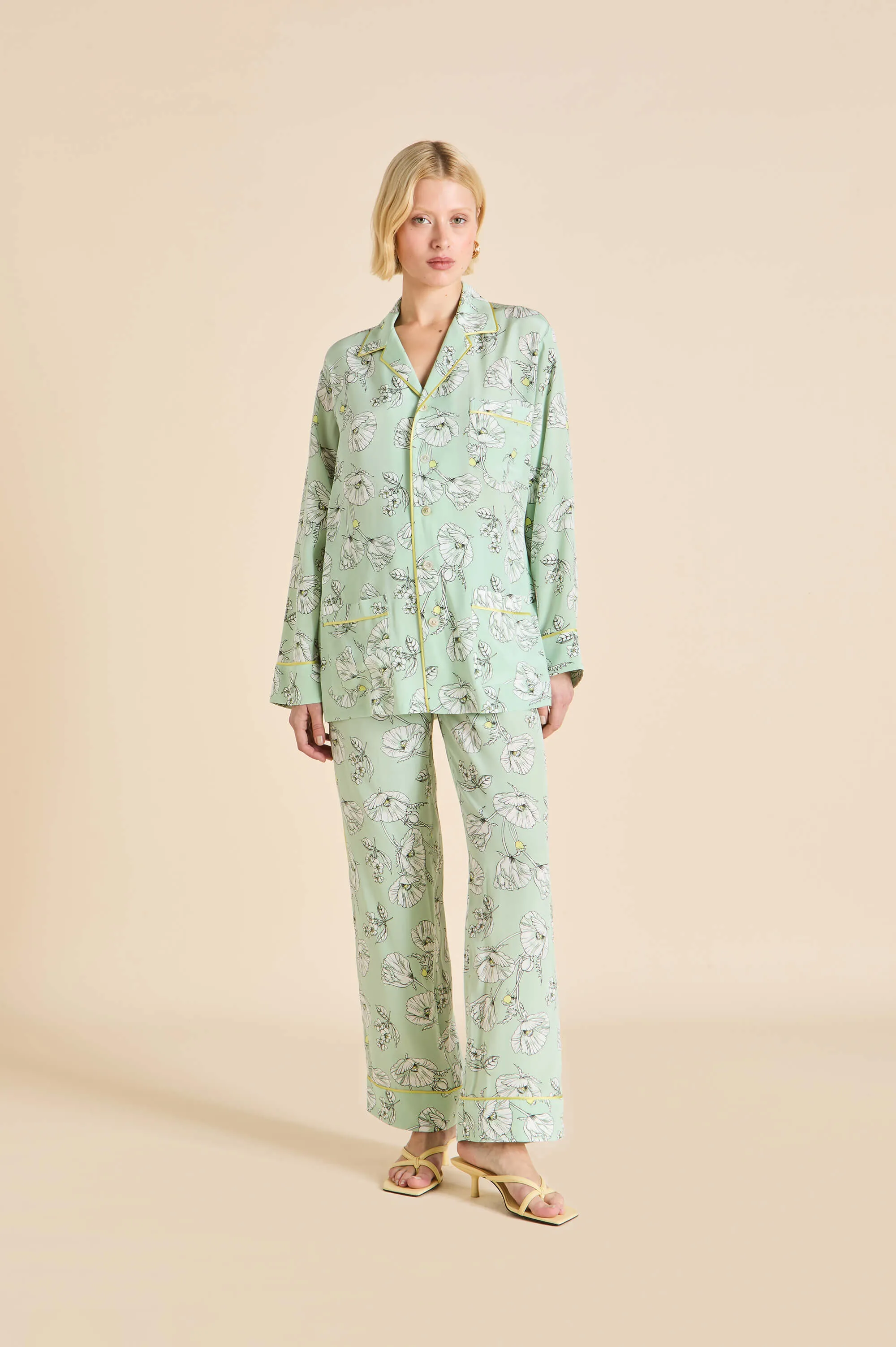 Yves Delfina Green Floral Pajamas in Silk Crêpe de Chine sold by Olivia von Halle