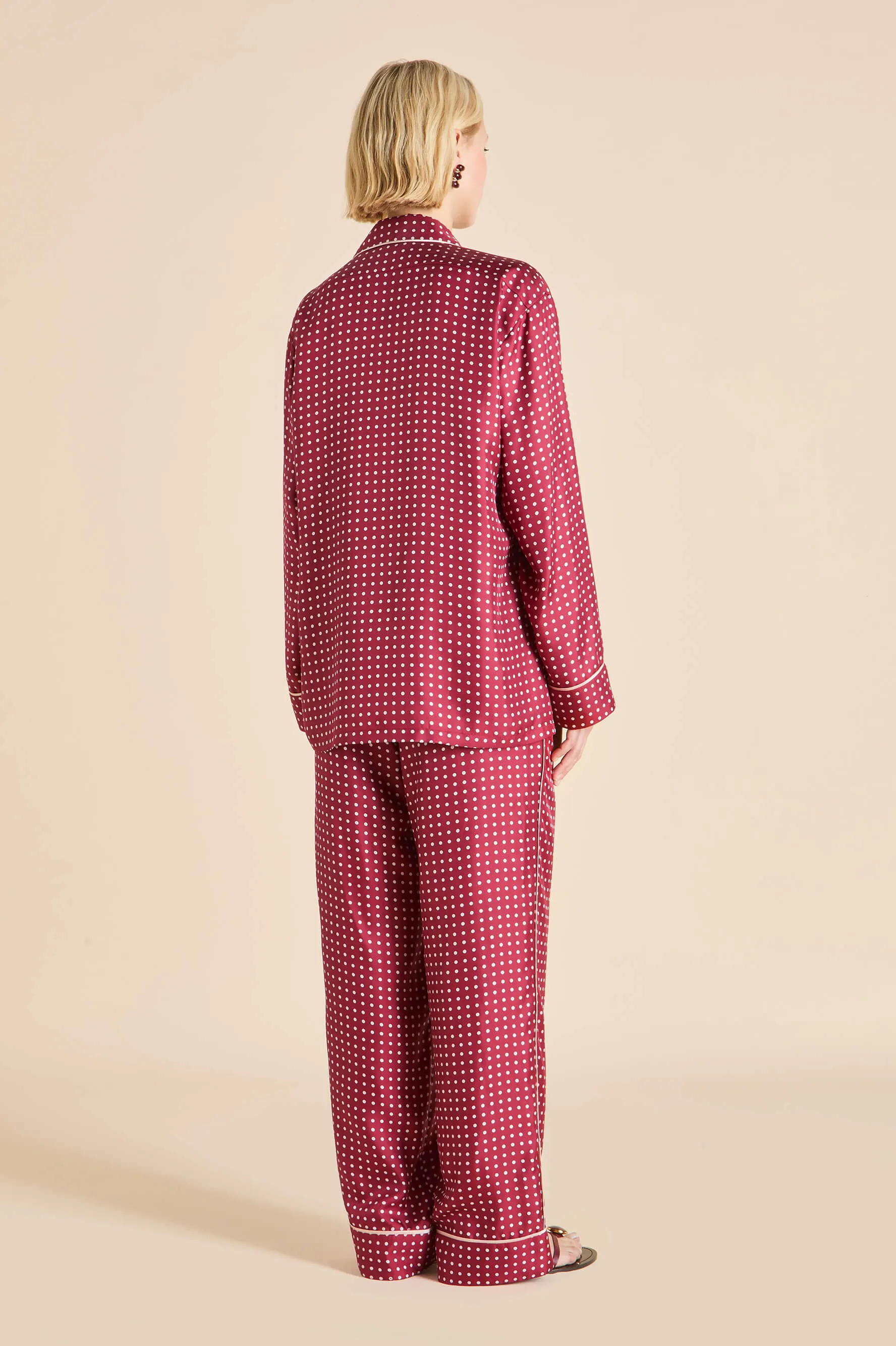 Yves Palazzo Burgundy Polka Dot Pajamas in Silk Twill sold by Olivia von Halle product image thumbnail 4