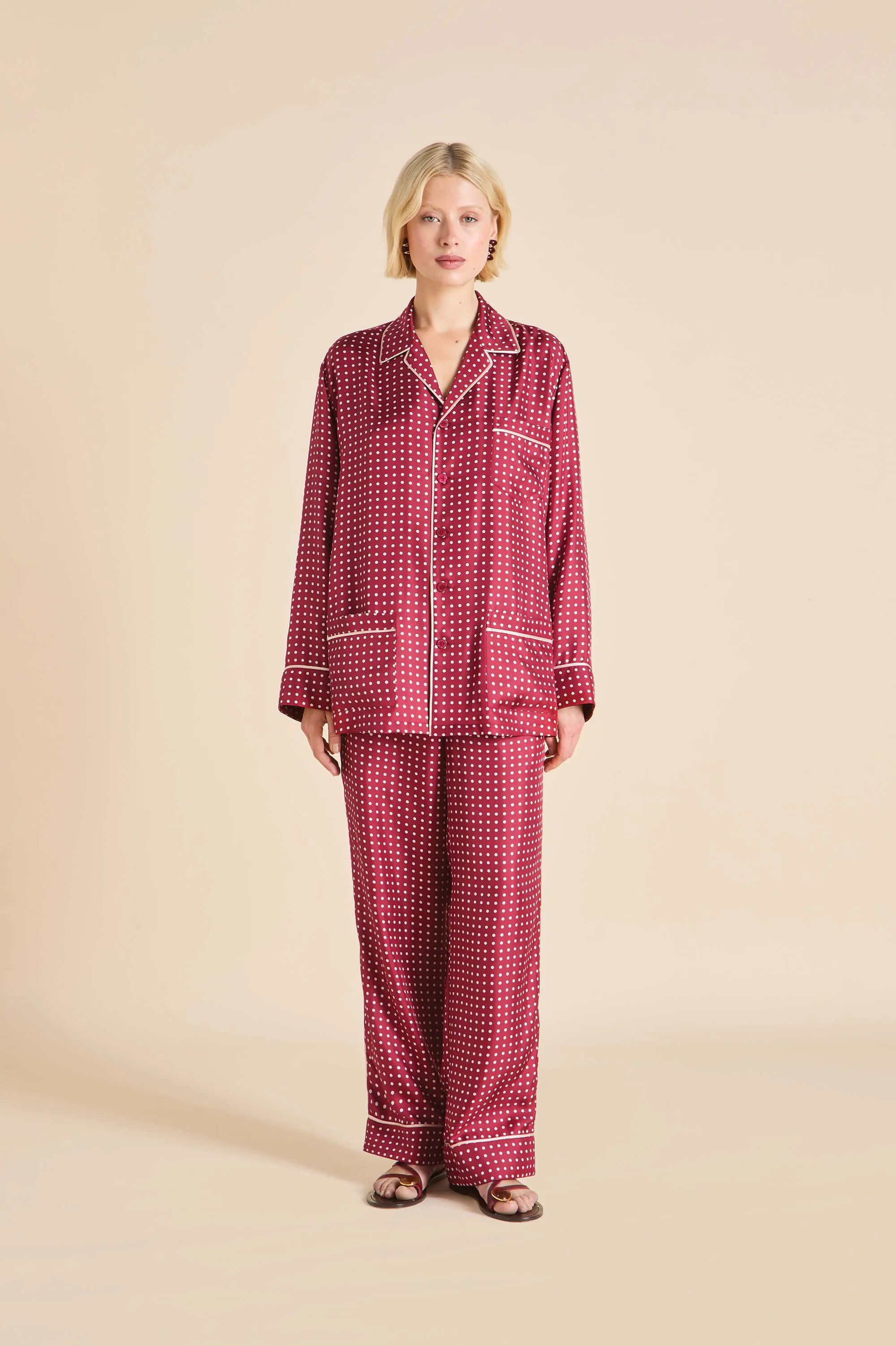 Yves Palazzo Burgundy Polka Dot Pajamas in Silk Twill sold by Olivia von Halle