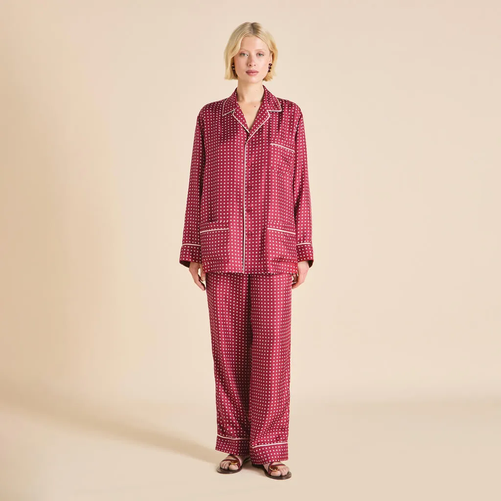 Yves Palazzo Burgundy Polka Dot Pajamas in Silk Twill sold by Olivia von Halle product image thumbnail 2