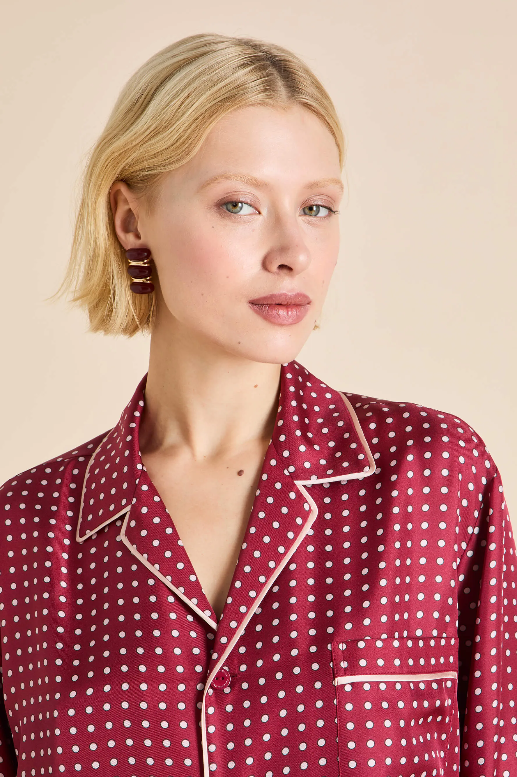 Yves Palazzo Burgundy Polka Dot Pajamas in Silk Twill sold by Olivia von Halle product image thumbnail 3