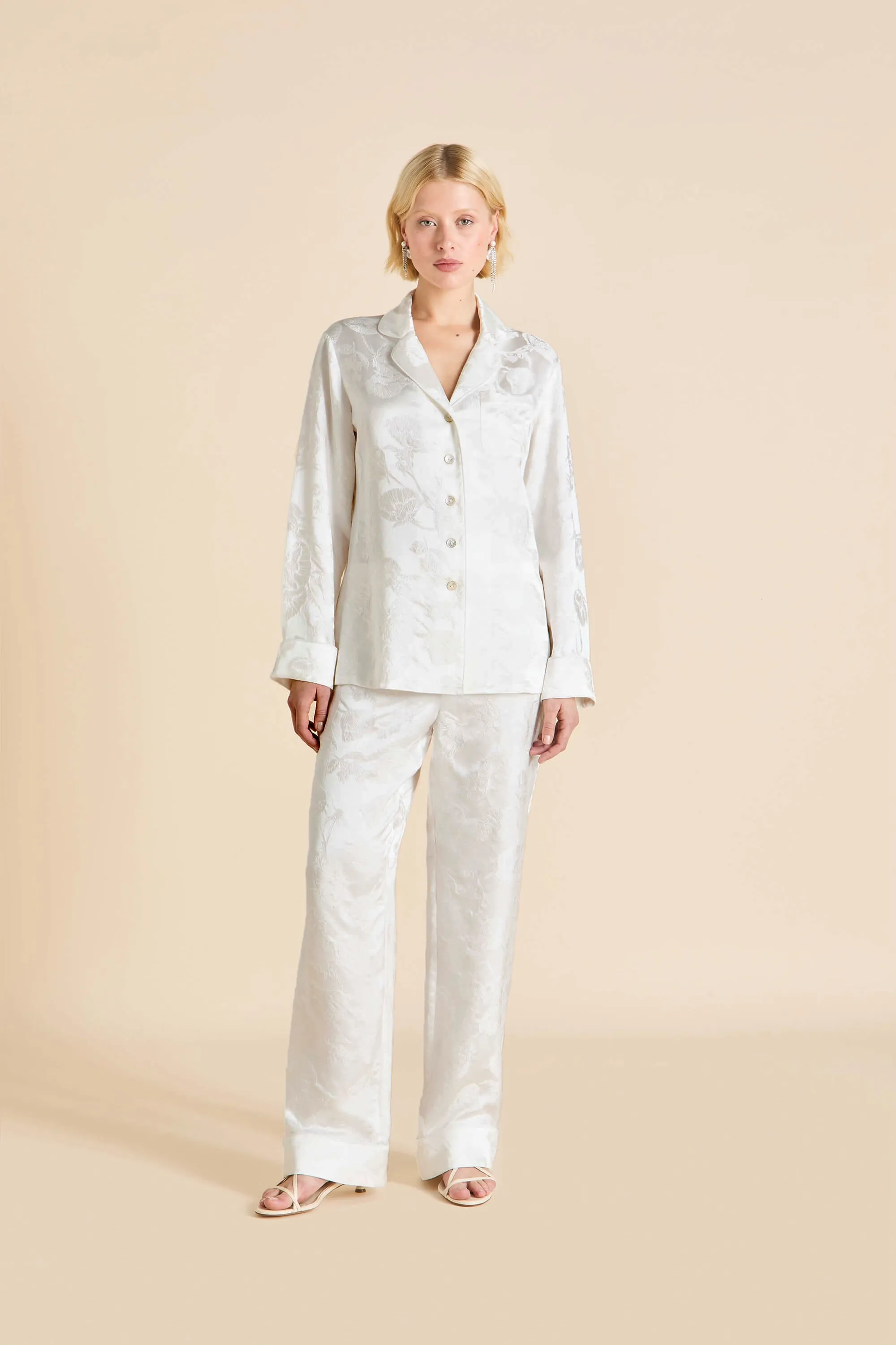 Lila Liliana Ivory Floral Pajamas in Silk Jacquard sold by Olivia von Halle