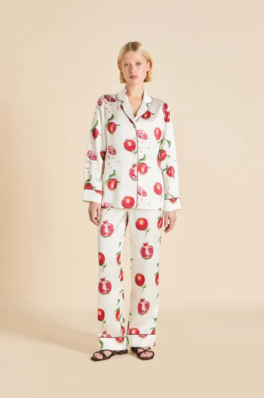 Lila Allegra Ivory Pomegranate Pajamas in Silk Satin sold by Olivia von Halle