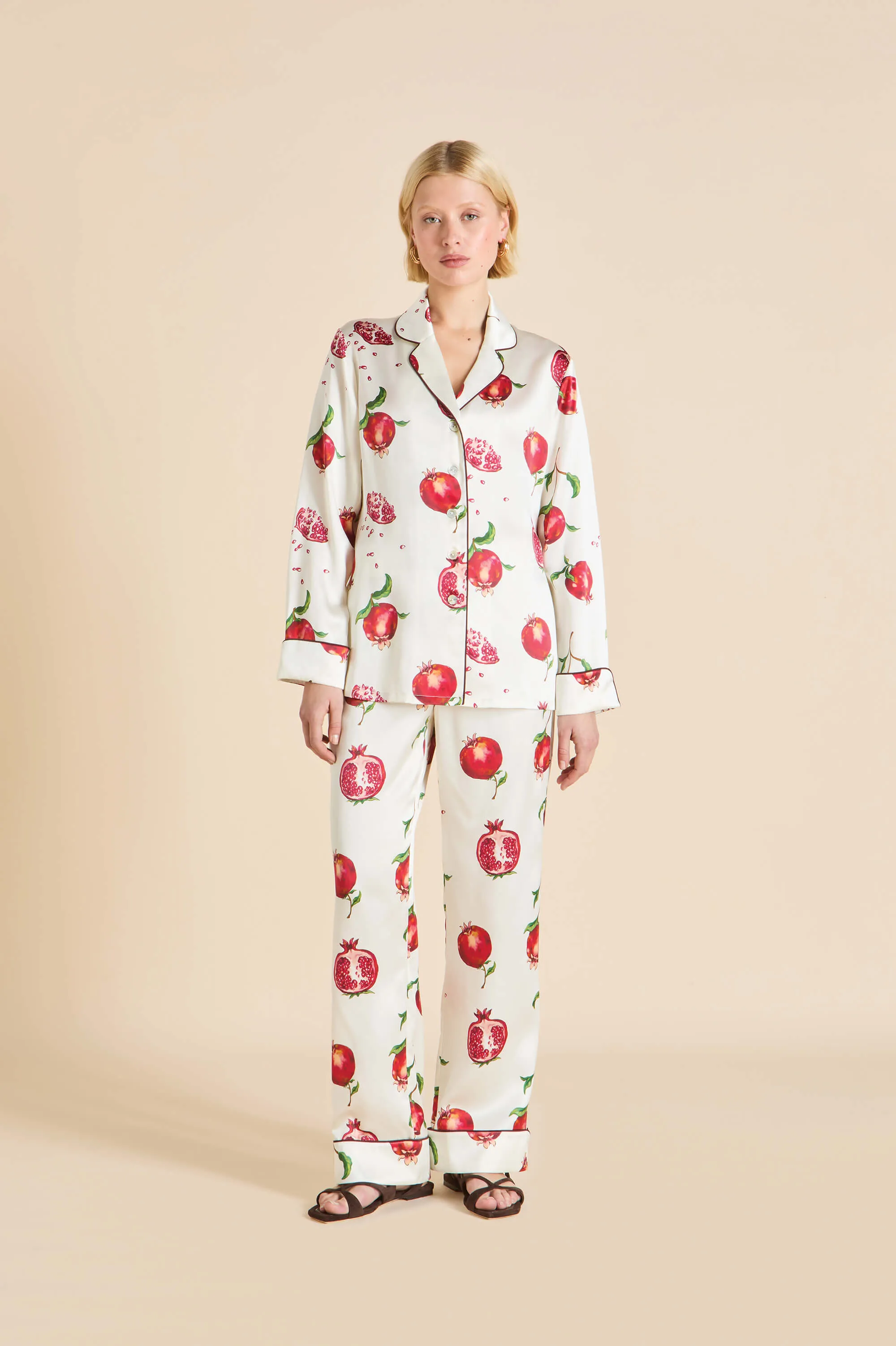 Lila Allegra Ivory Pomegranate Pajamas in Silk Satin sold by Olivia von Halle
