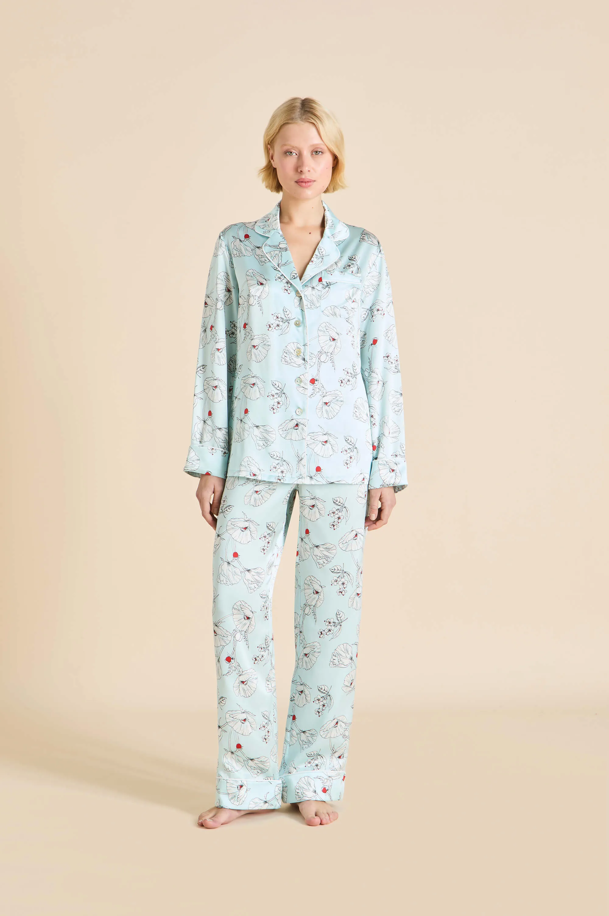 Lila Serafina Blue Floral Pajamas in Silk Satin sold by Olivia von Halle