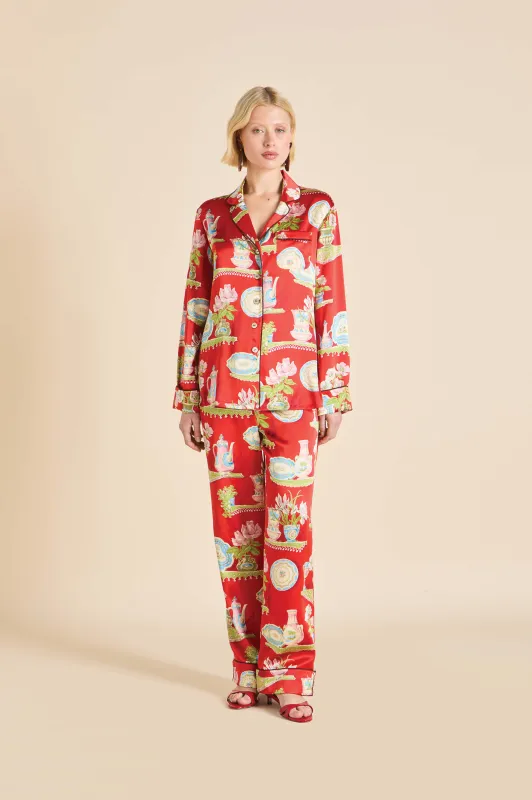 Lila Renata Red Plate Pajamas in Silk Satin made by Olivia von Halle