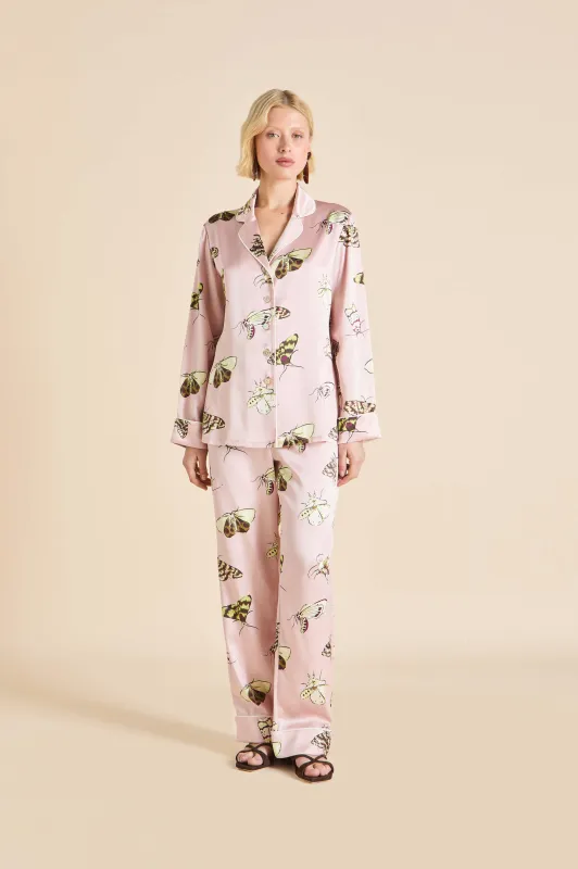 Lila Elda Pink Moth Pajamas in Silk Satin sold by Olivia von Halle