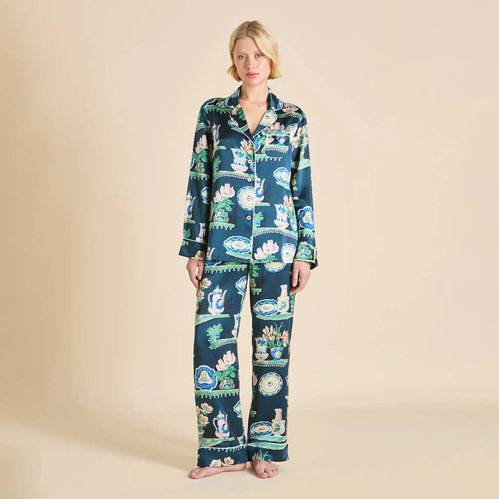 Lila Giotto Green Plate Pajamas in Silk Satin sold by Olivia von Halle product image thumbnail 2