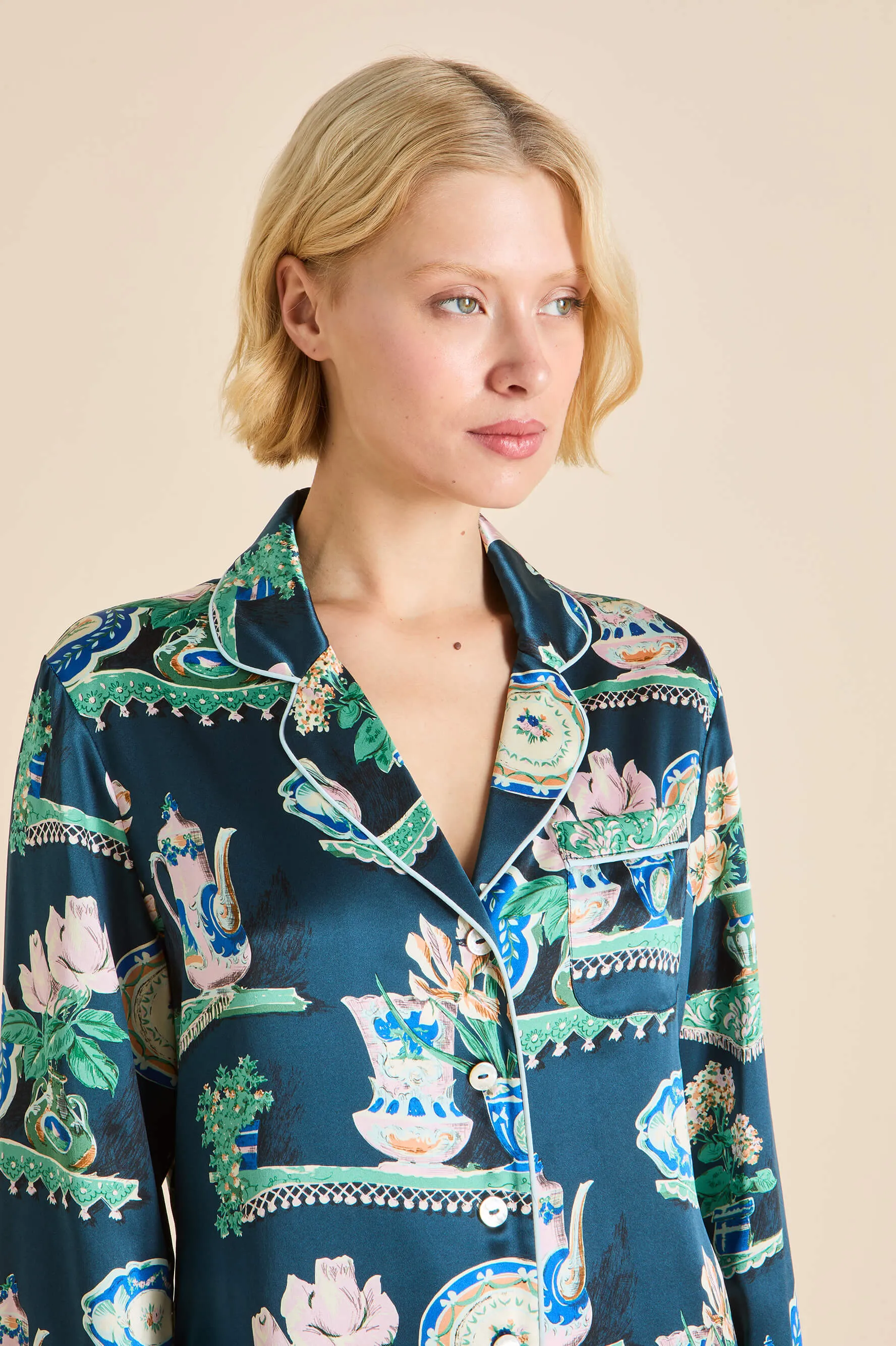 Lila Giotto Green Plate Pajamas in Silk Satin sold by Olivia von Halle product image thumbnail 3