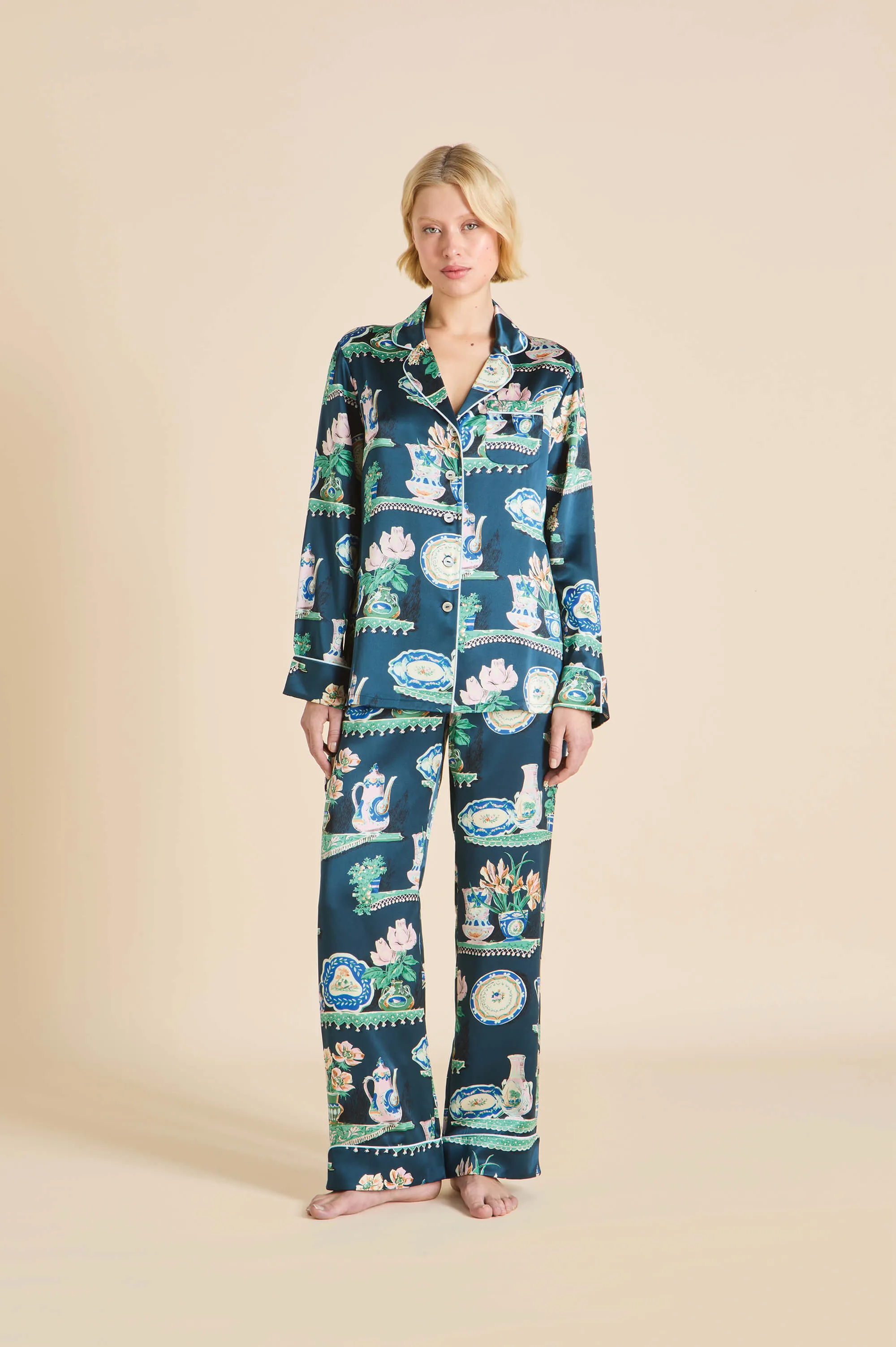 Lila Giotto Green Plate Pajamas in Silk Satin sold by Olivia von Halle