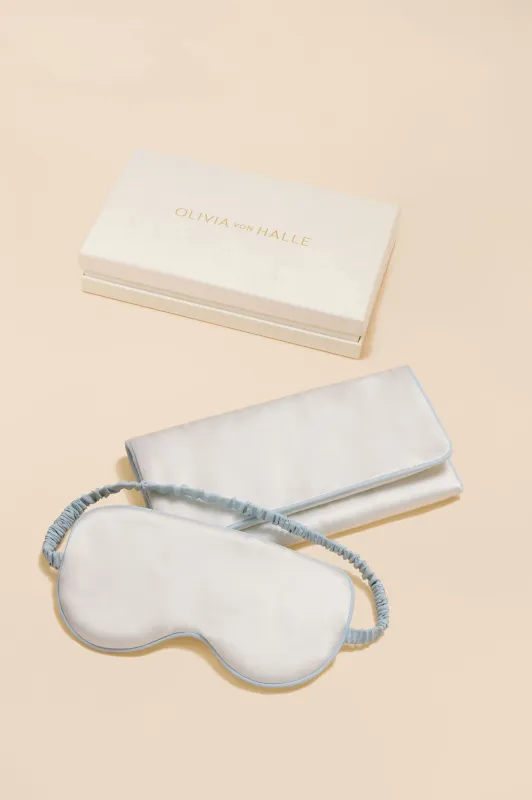 Audrey Ivory Powder Blue Eye Mask in Silk Satin sold by Olivia von Halle