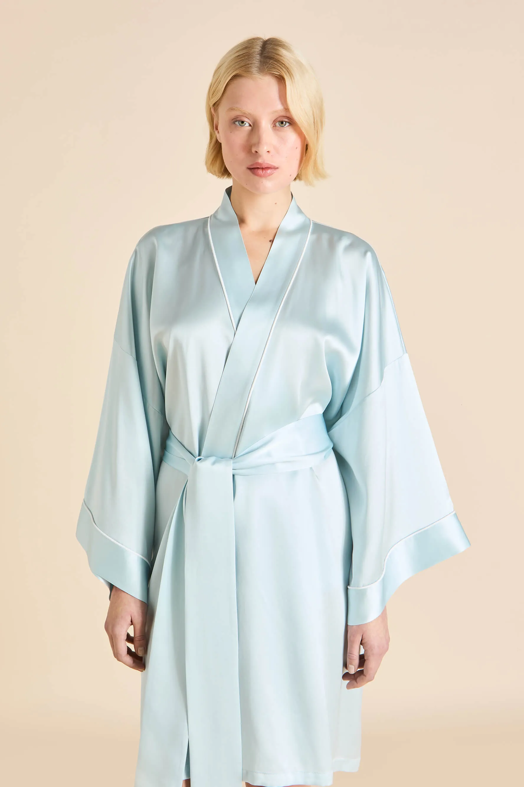Mimi Powder Blue Ivory Robe in Silk Satin sold by Olivia von Halle product image thumbnail 3