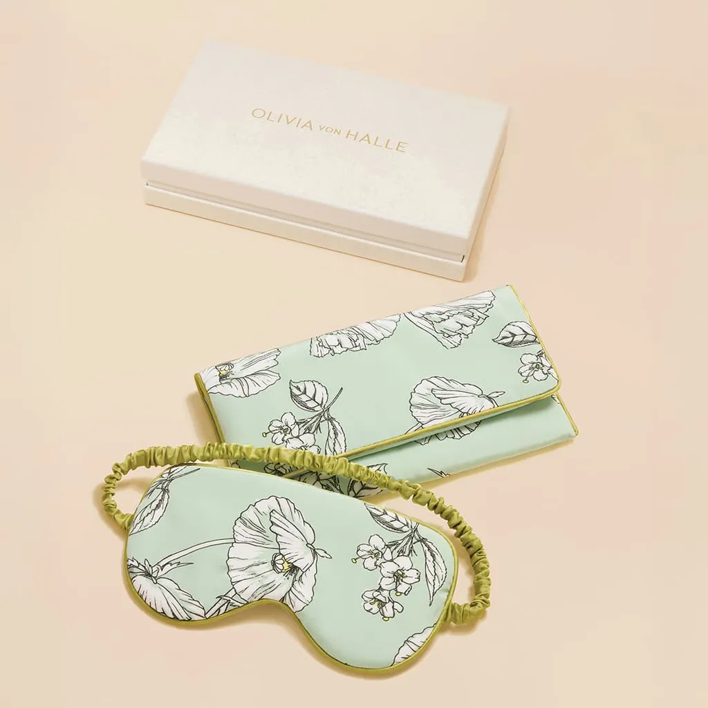 Audrey Delfina Green Floral Eye Mask in Silk Crêpe de Chine sold by Olivia von Halle product image thumbnail 2