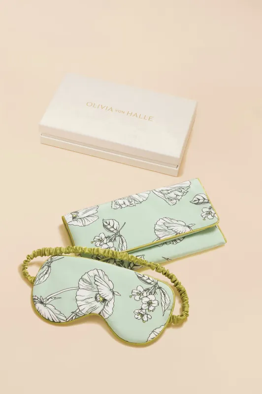 Audrey Delfina Green Floral Eye Mask in Silk Crêpe de Chine sold by Olivia von Halle
