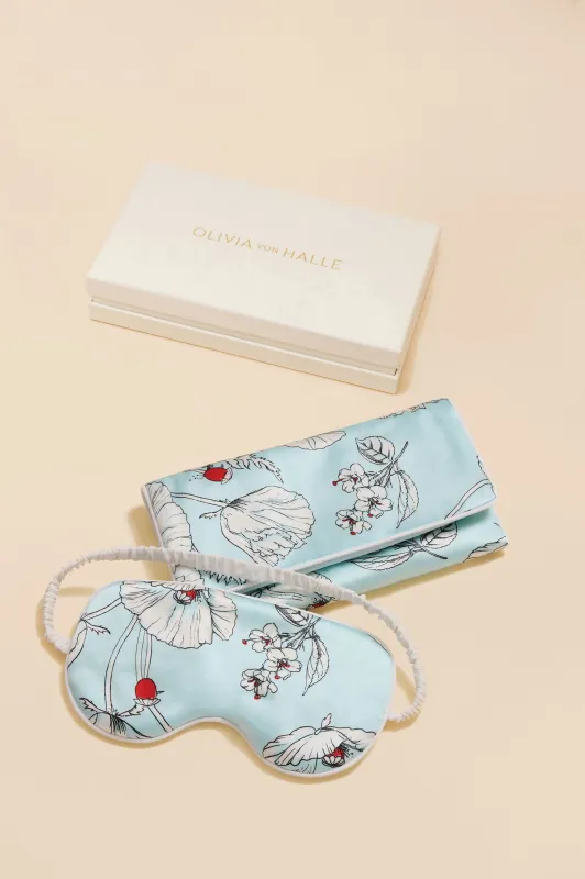 Audrey Serafina Blue Floral Eye Mask in Silk Satin sold by Olivia von Halle