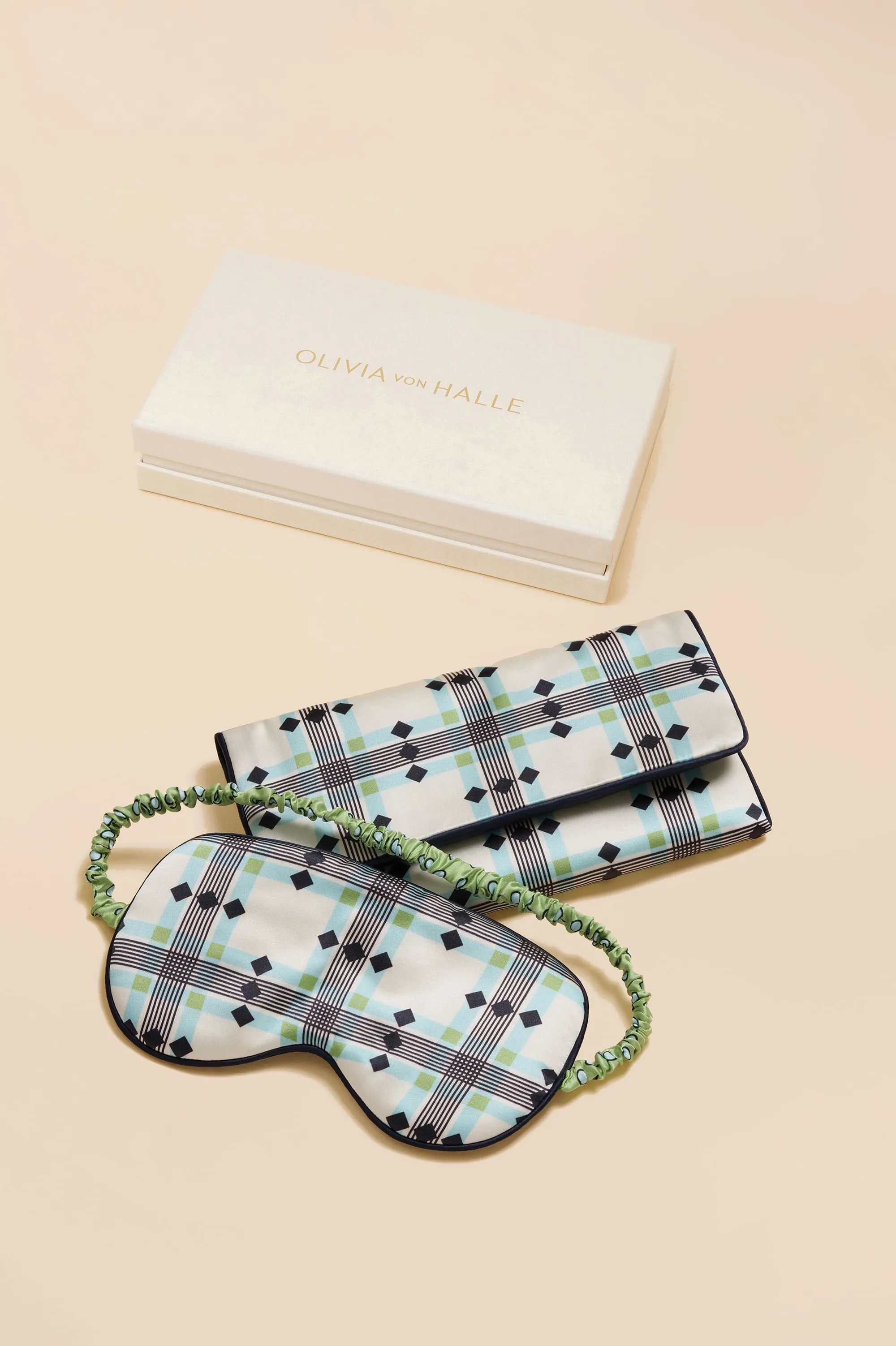 Audrey Cini Green Geometric Eye Mask in Silk Satin sold by Olivia von Halle