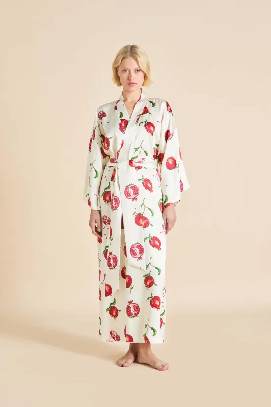 Queenie Allegra Ivory Pomegranate Robe in Silk Satin made by Olivia von Halle